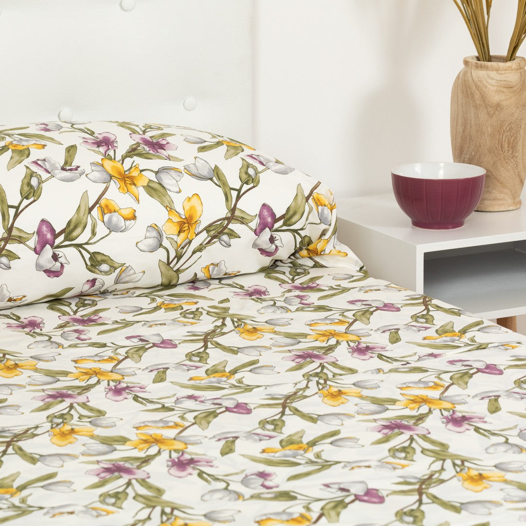 Conjunto de lençóis de algodão percal com estampa de magnólia natural