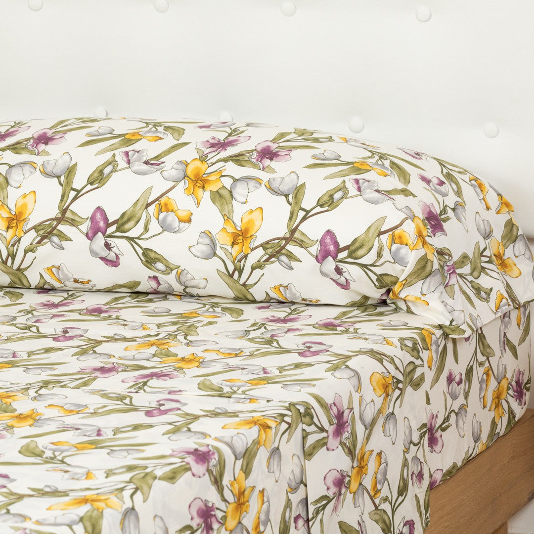 Conjunto de lençóis de algodão percal com estampa de magnólia natural