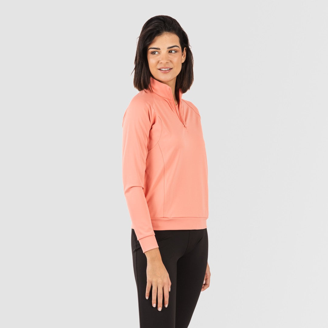 Blusa de moletom esportiva feminina laranja com zíper e bolso.