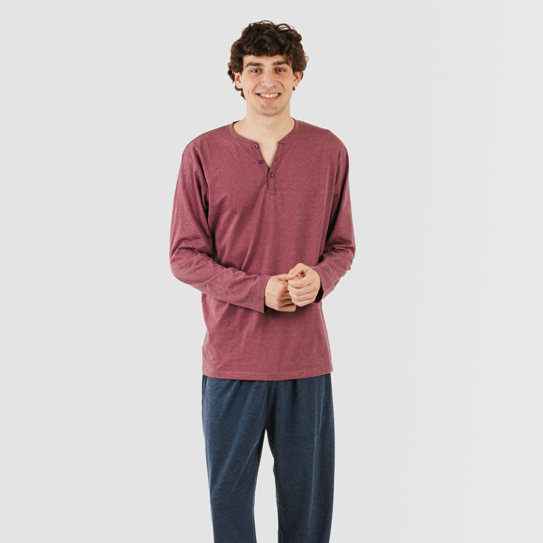 Pijama largo hombre con botones burdeos - marino