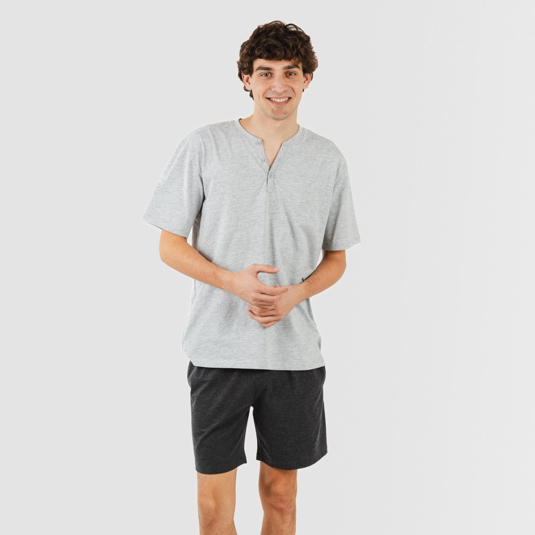 Pijama curto masculino com botões de pérola - carvão