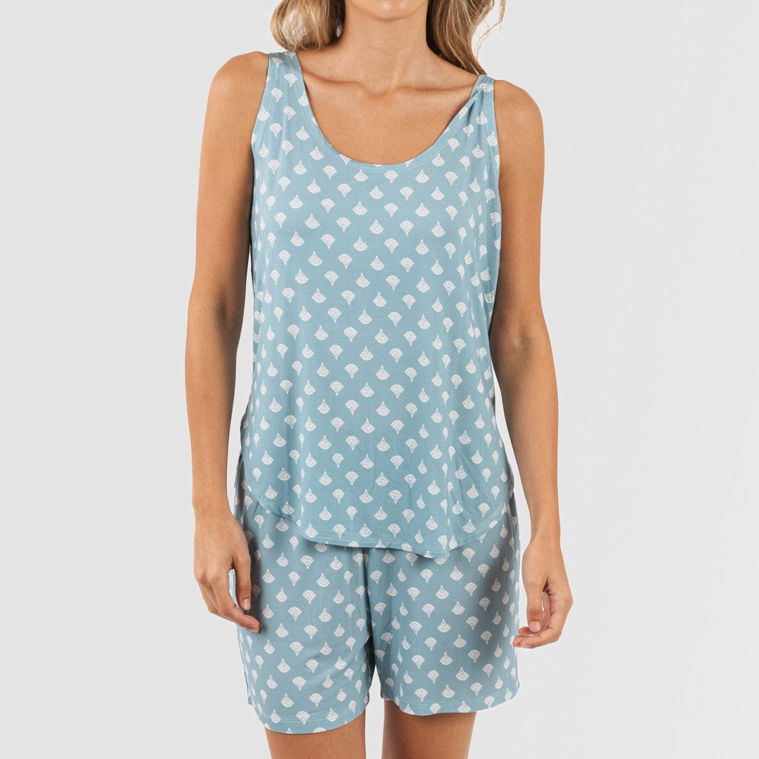Pijama feminino de verão em viscose índigo com alças finas.