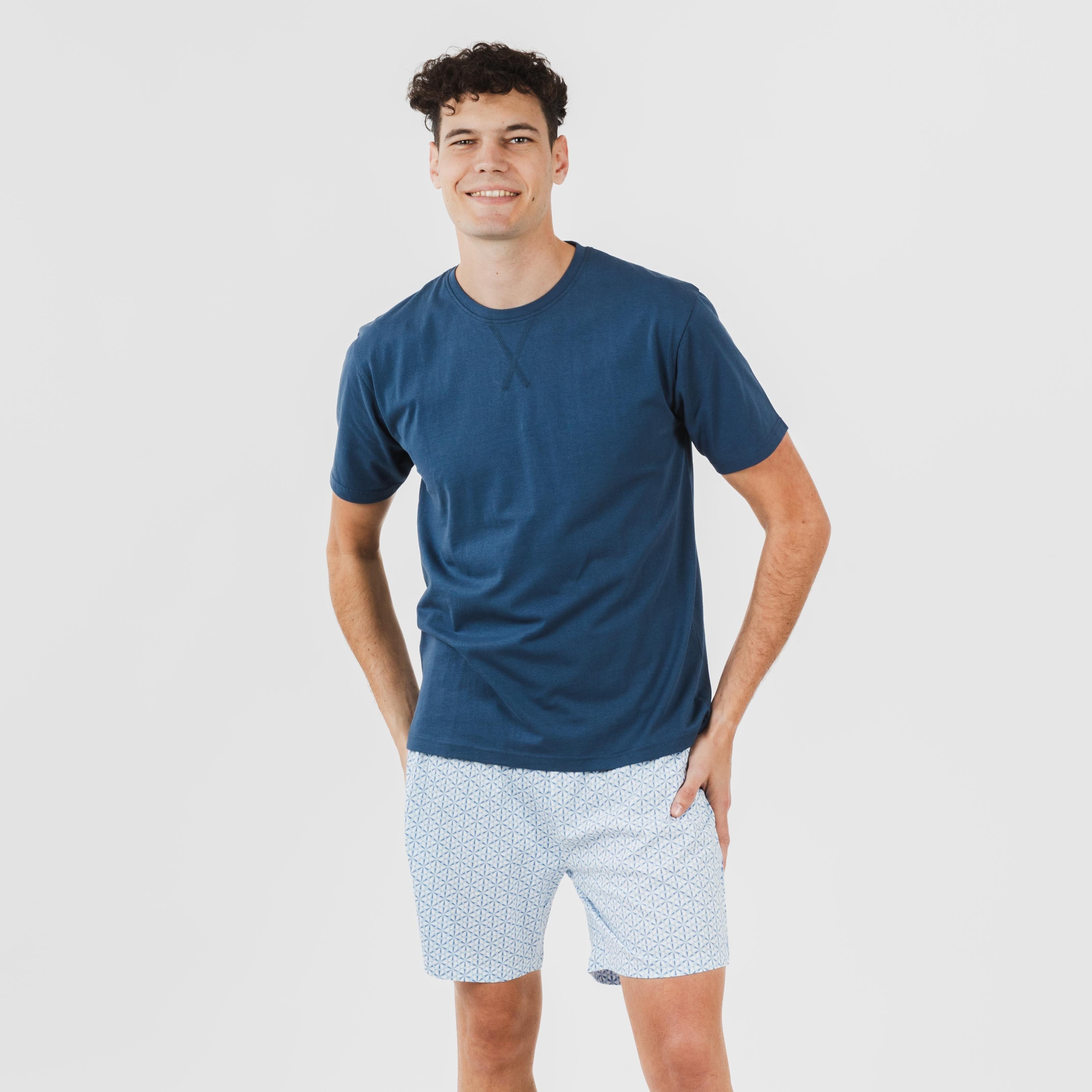 Pijama curto masculino Timon, de algodão, azul