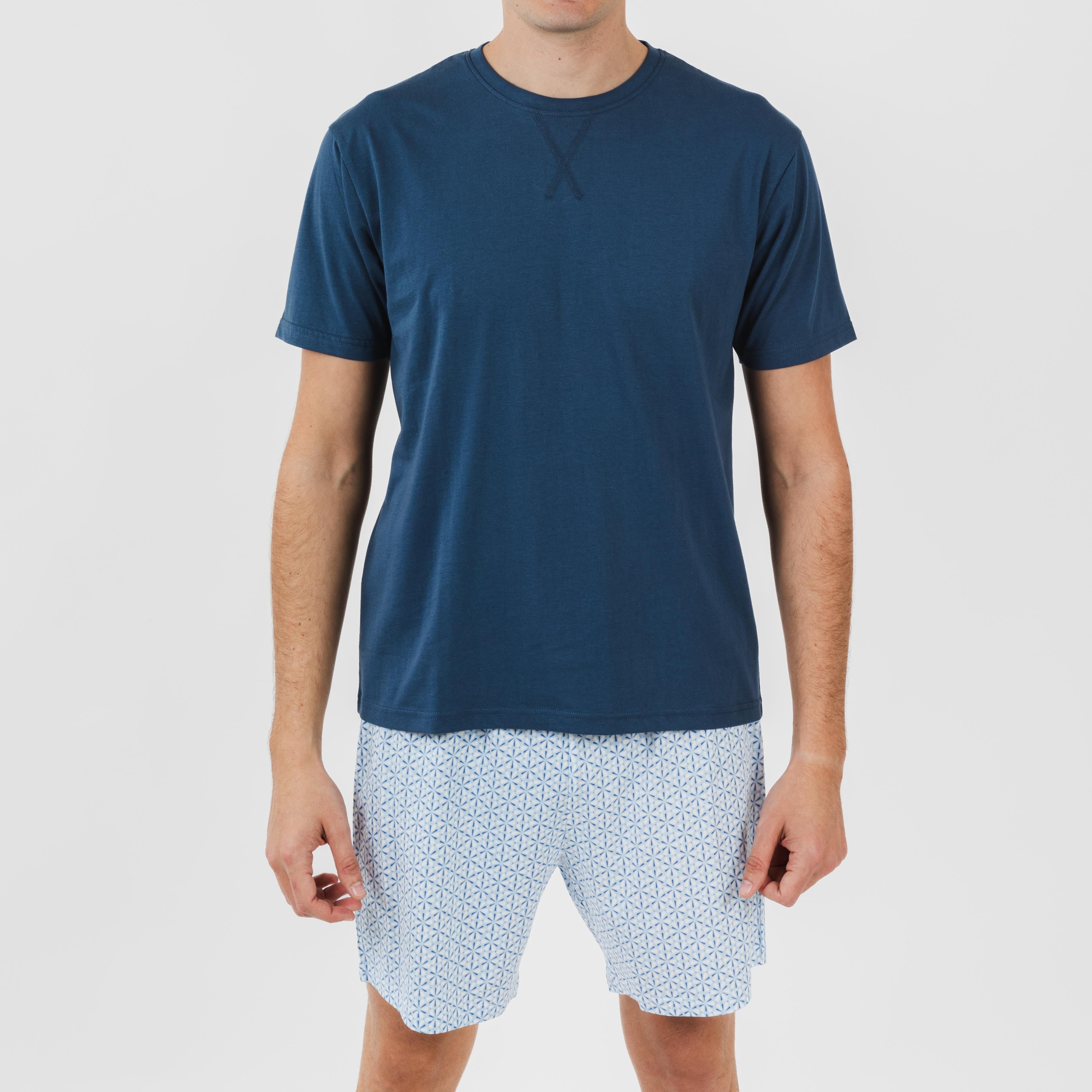 Pijama curto masculino Timon, de algodão, azul