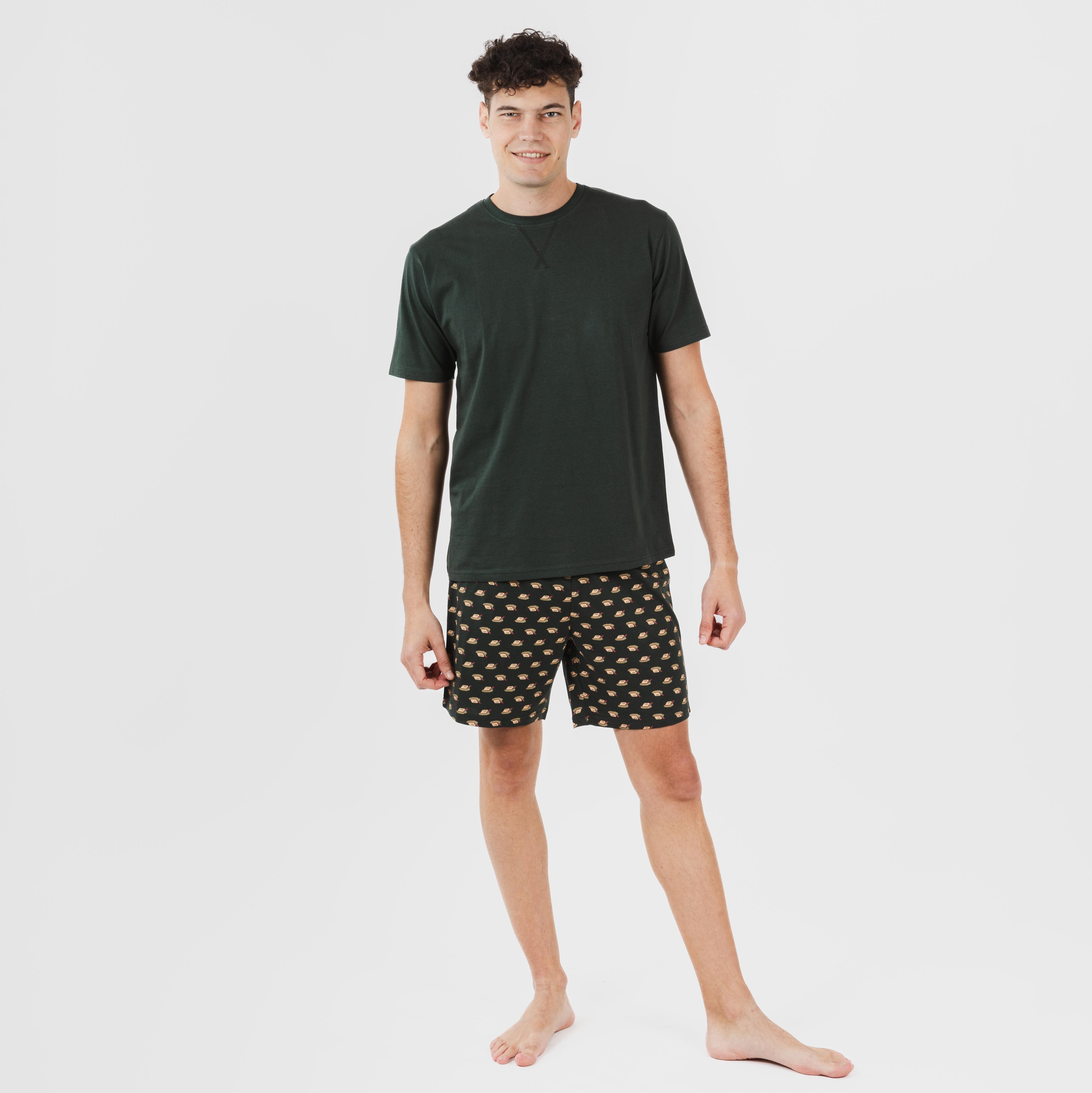 Pijama curto de algodão verde-garrafa para homens e meninos