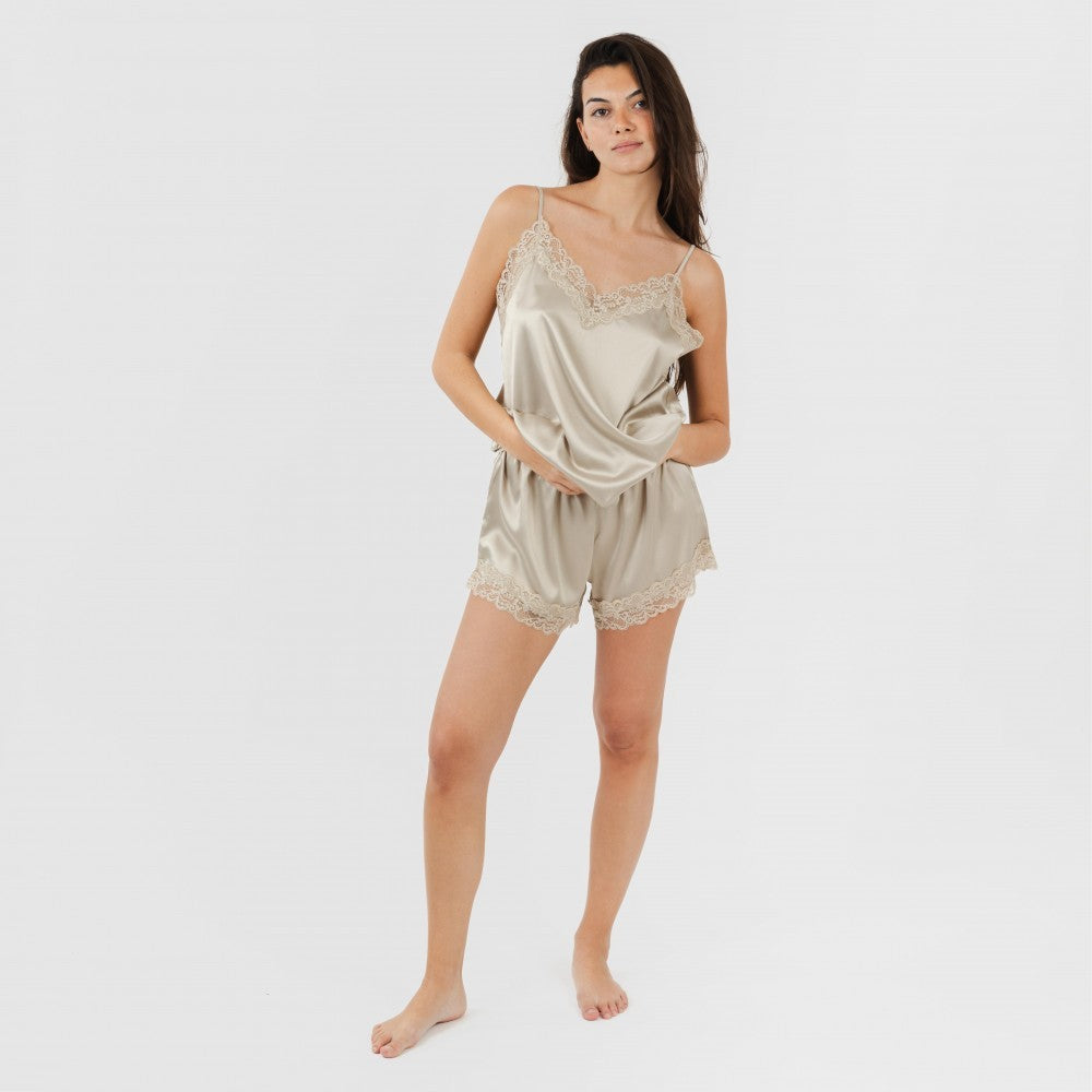 Pijama feminino de cetim com suspensórios, liso, sexta-feira