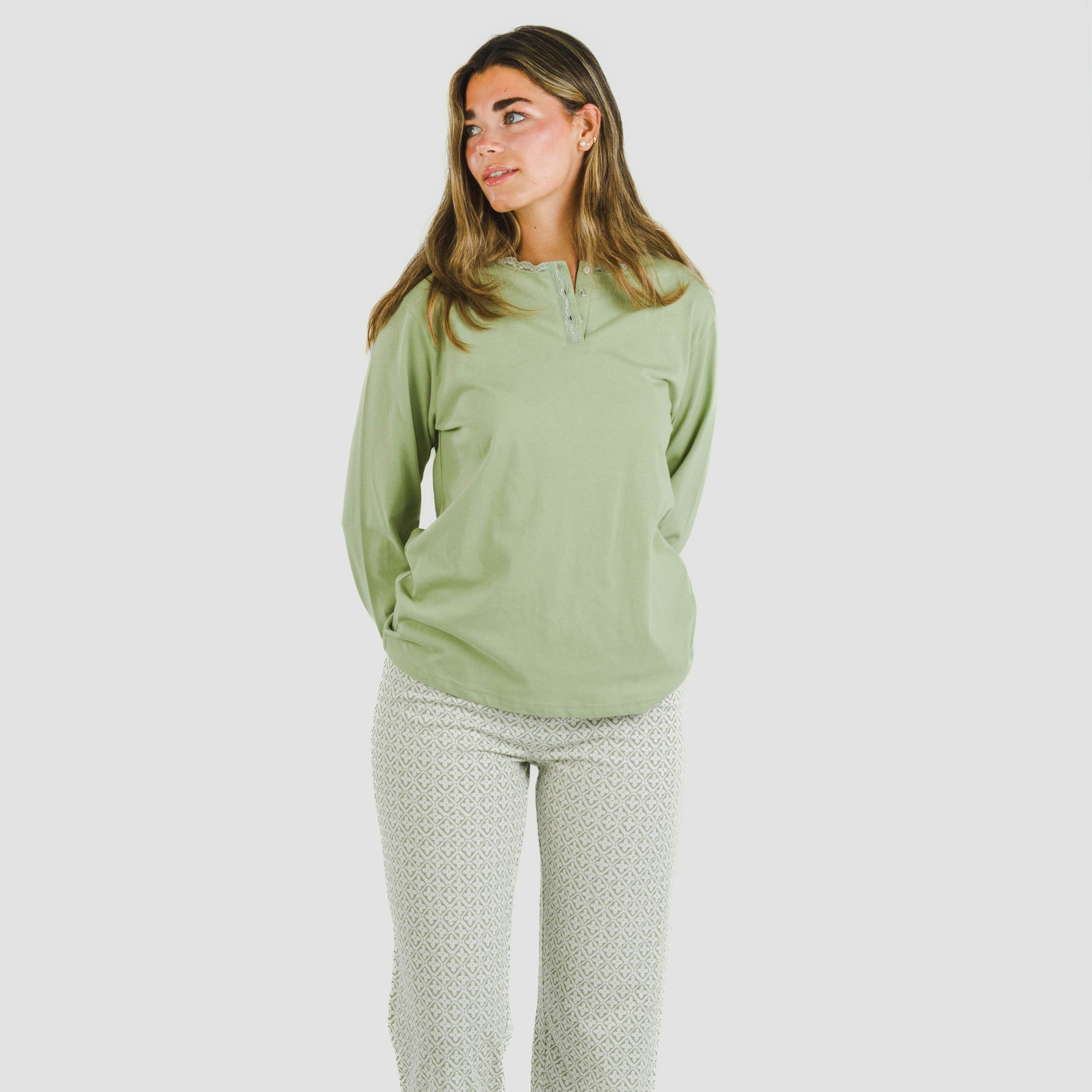 Michelle, pijama comprido de algodão verde para caça.