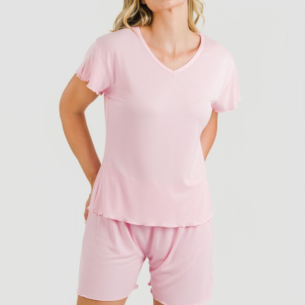 Pijama feminino de manga curta em tecido canelado de viscose liso.