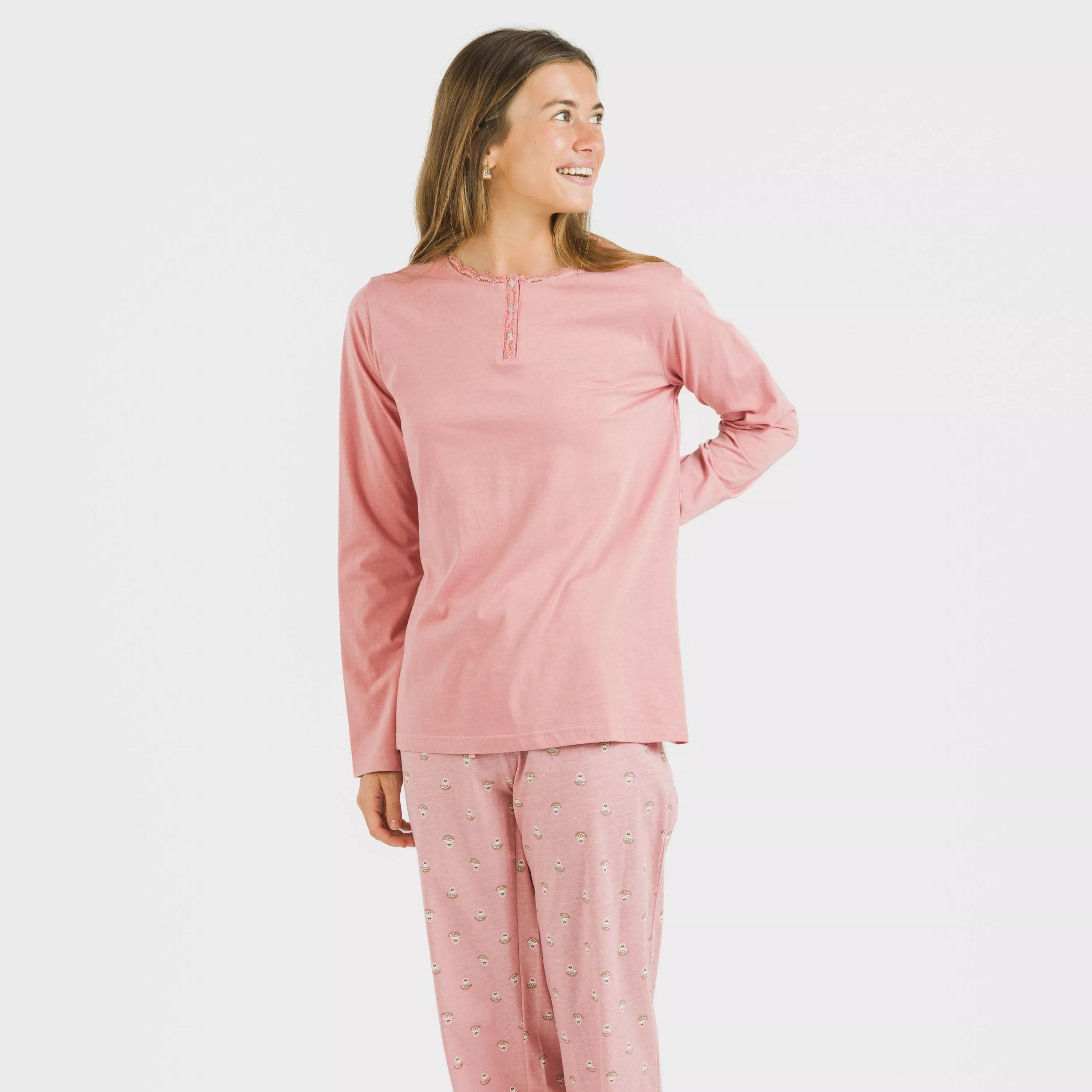 Pijama longo de algodão rosa Santi