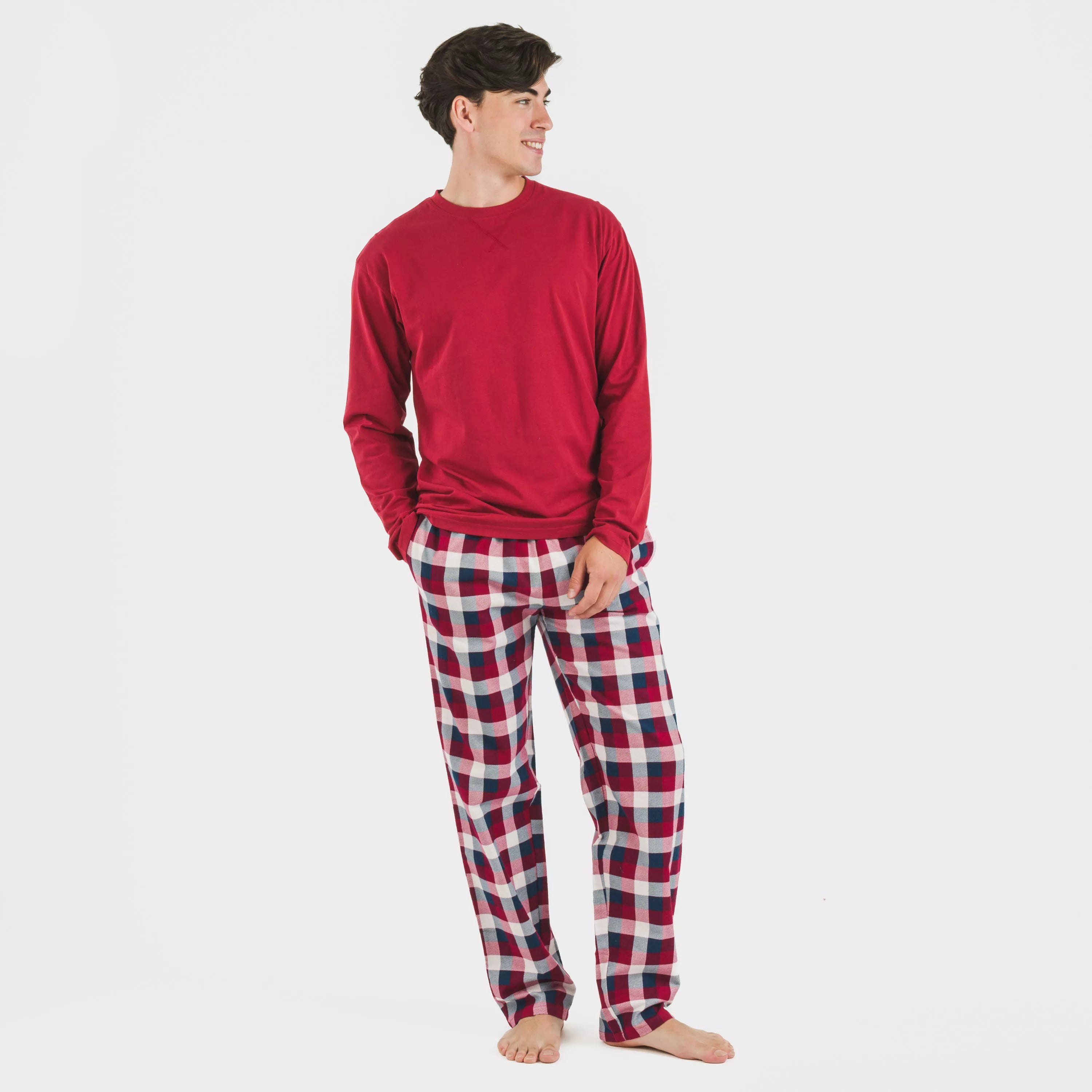 Pijama masculino de flanela, xadrez bordô Ferni