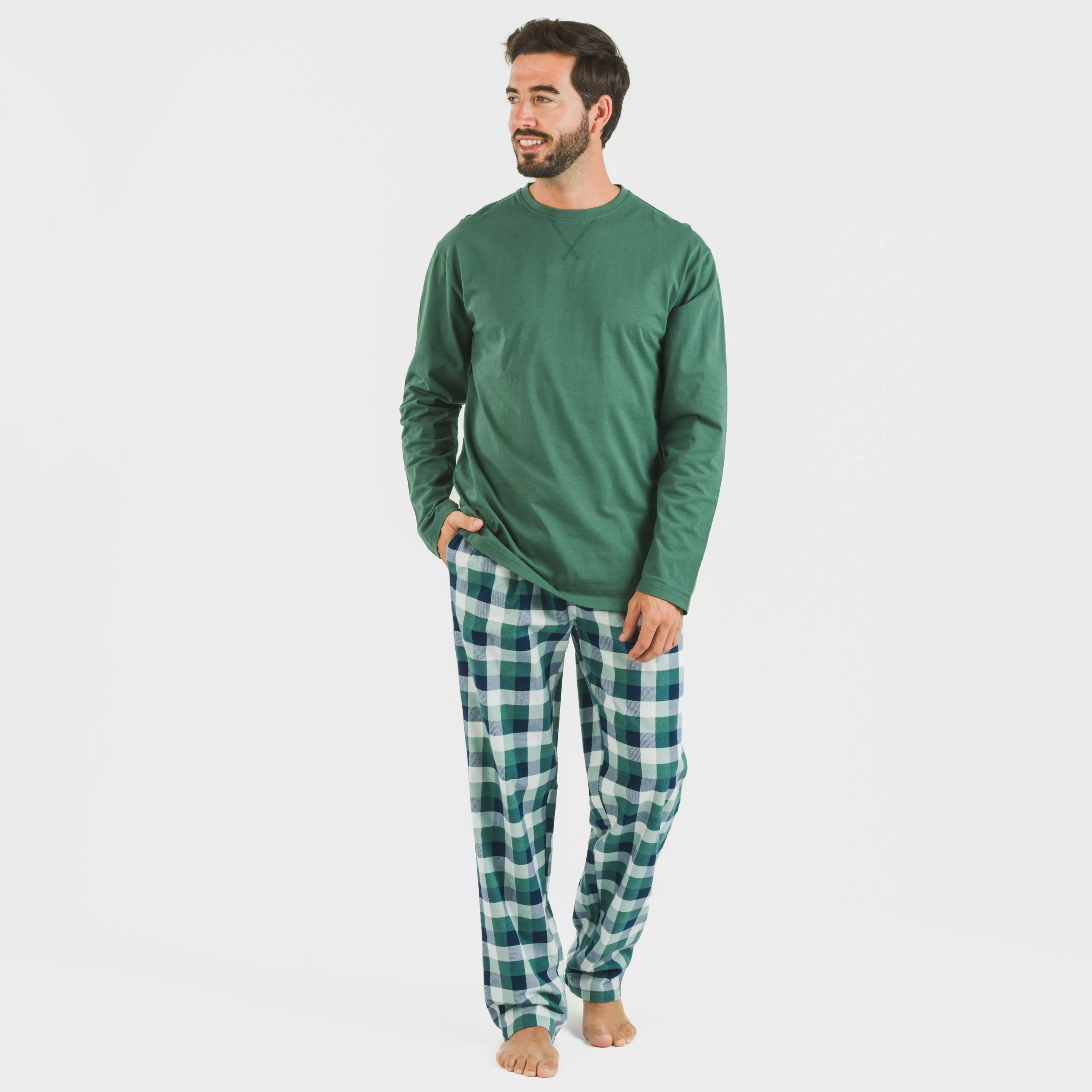 Pijama masculino de flanela, xadrez verde Ferni