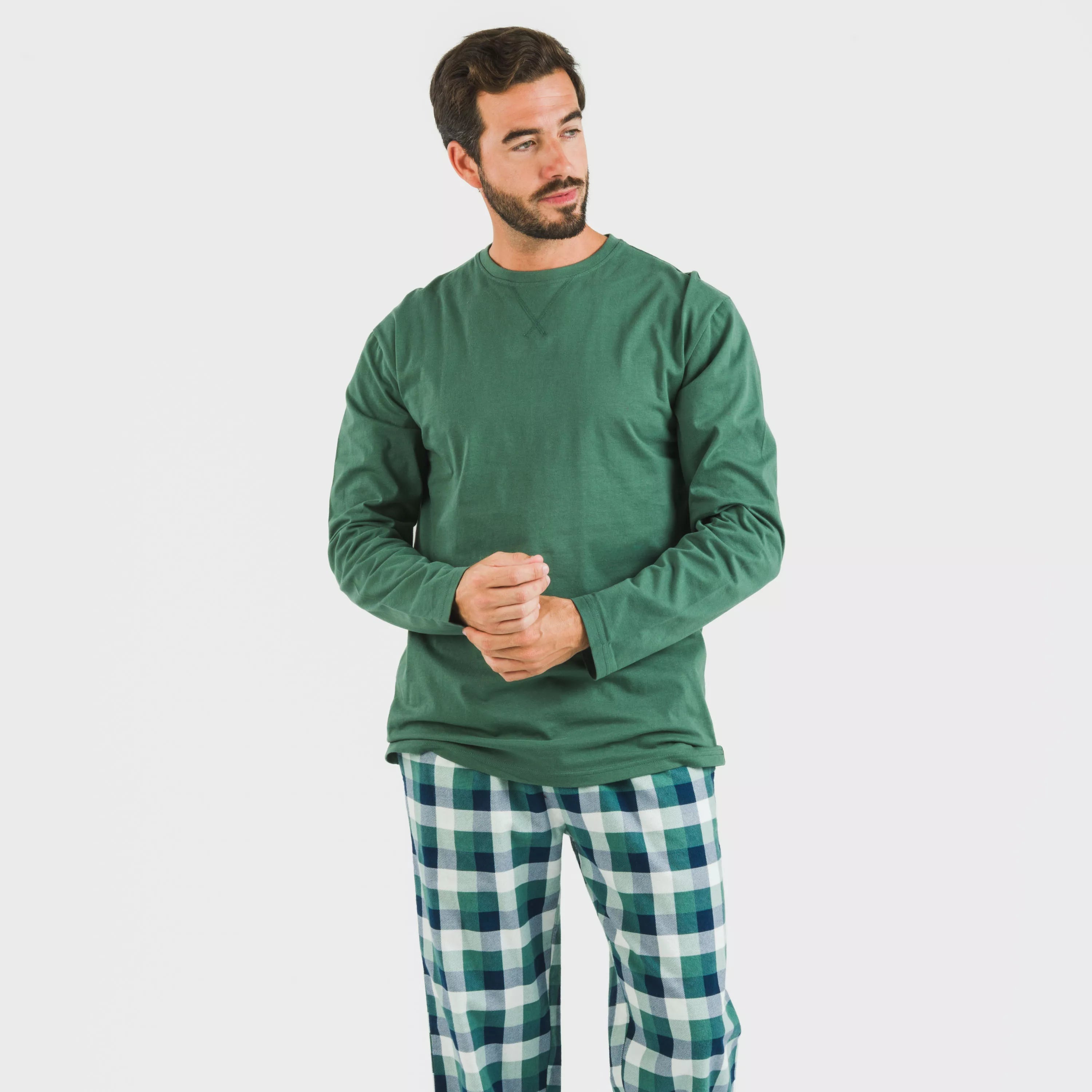Pijama masculino de flanela, xadrez verde Ferni