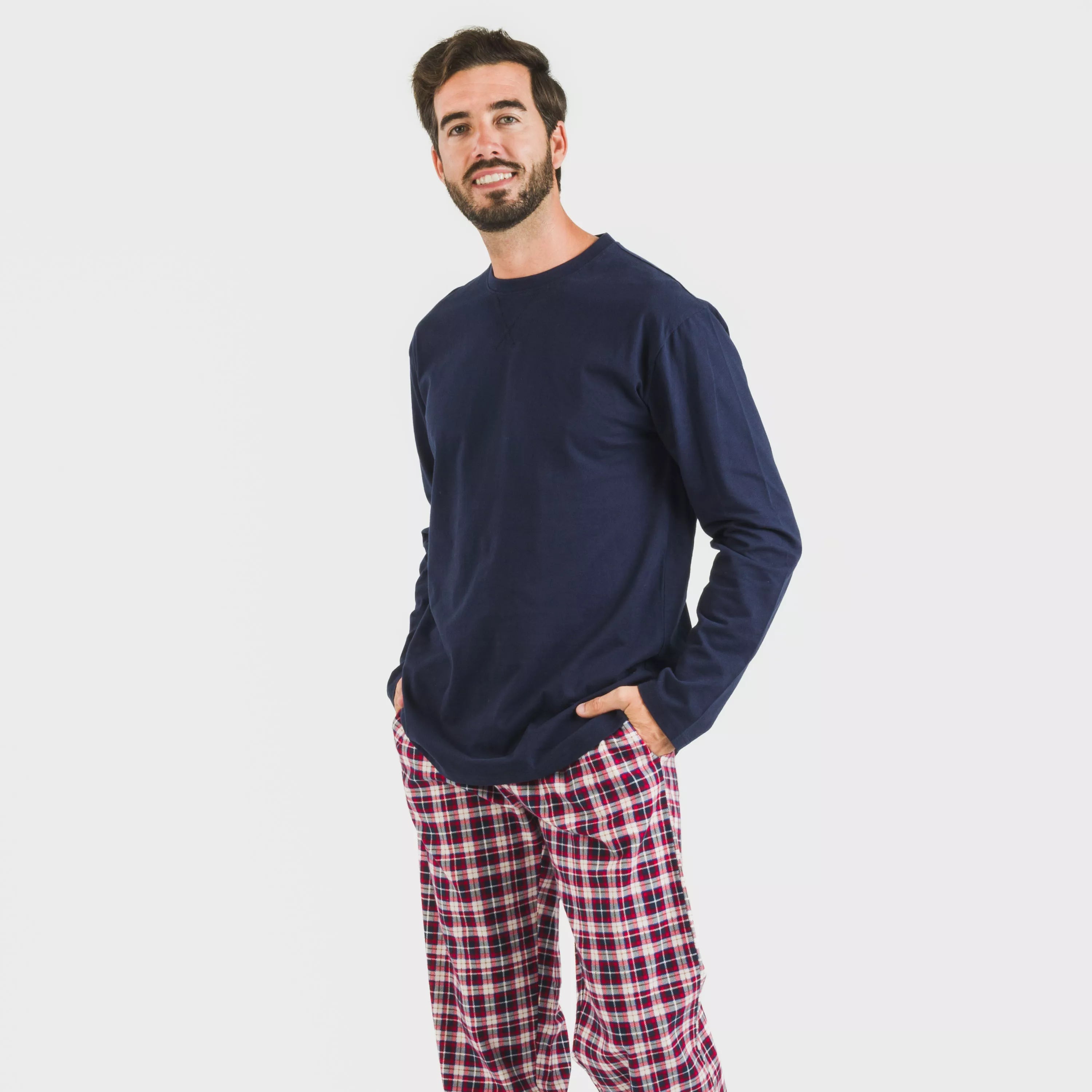 Pijama masculino de flanela, xadrez Sergio, azul marinho