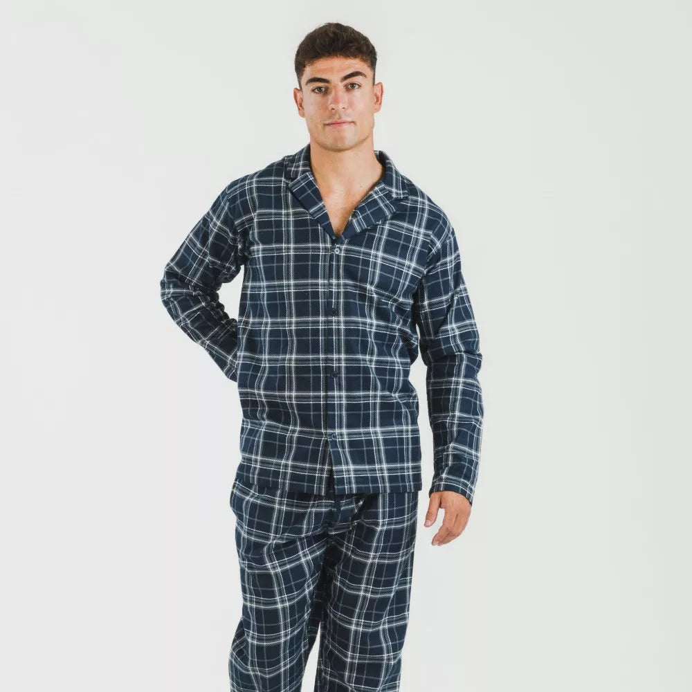Pijama masculino de flanela com lapela, xadrez azul.