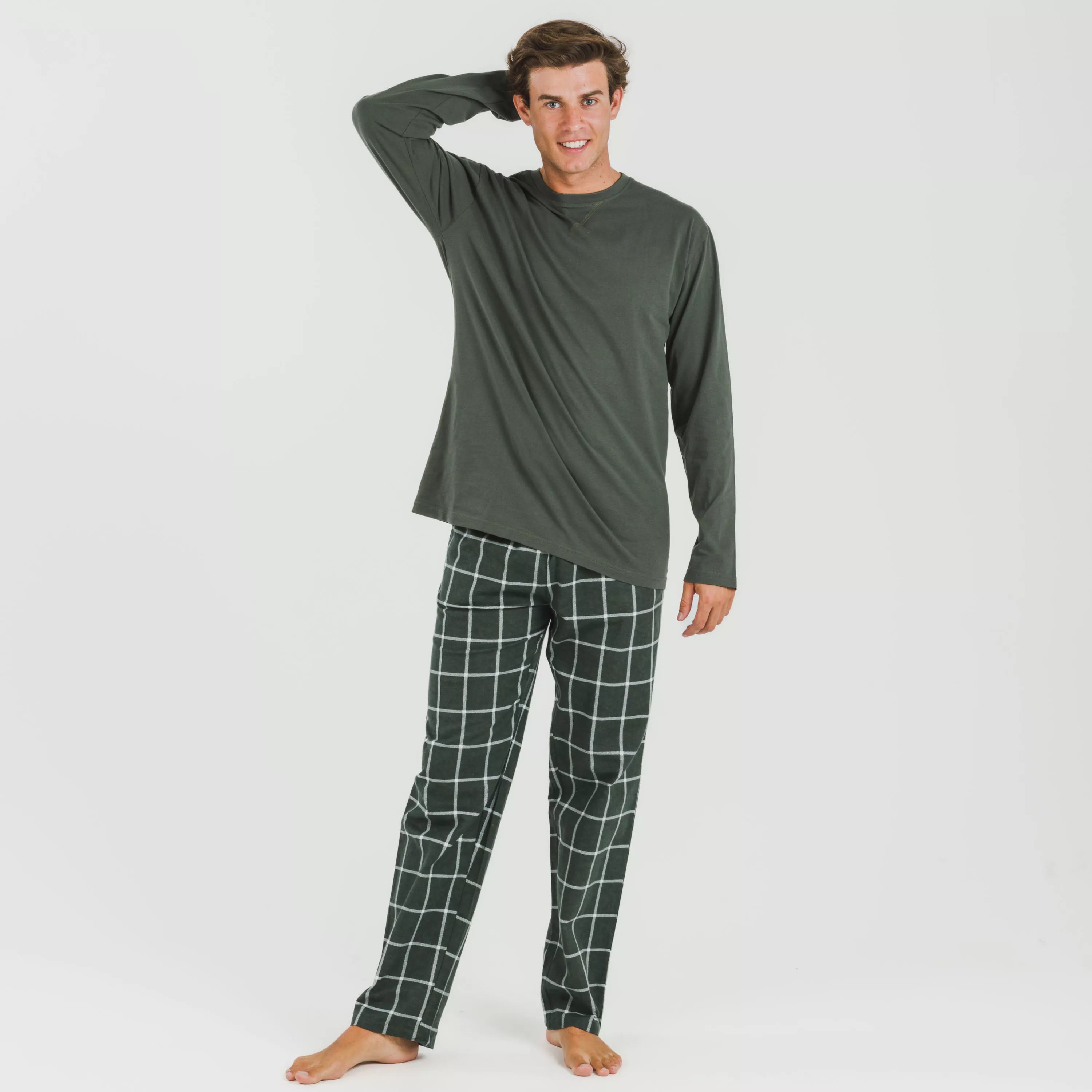 Pijama masculino de flanela, estampa de caça verde andina