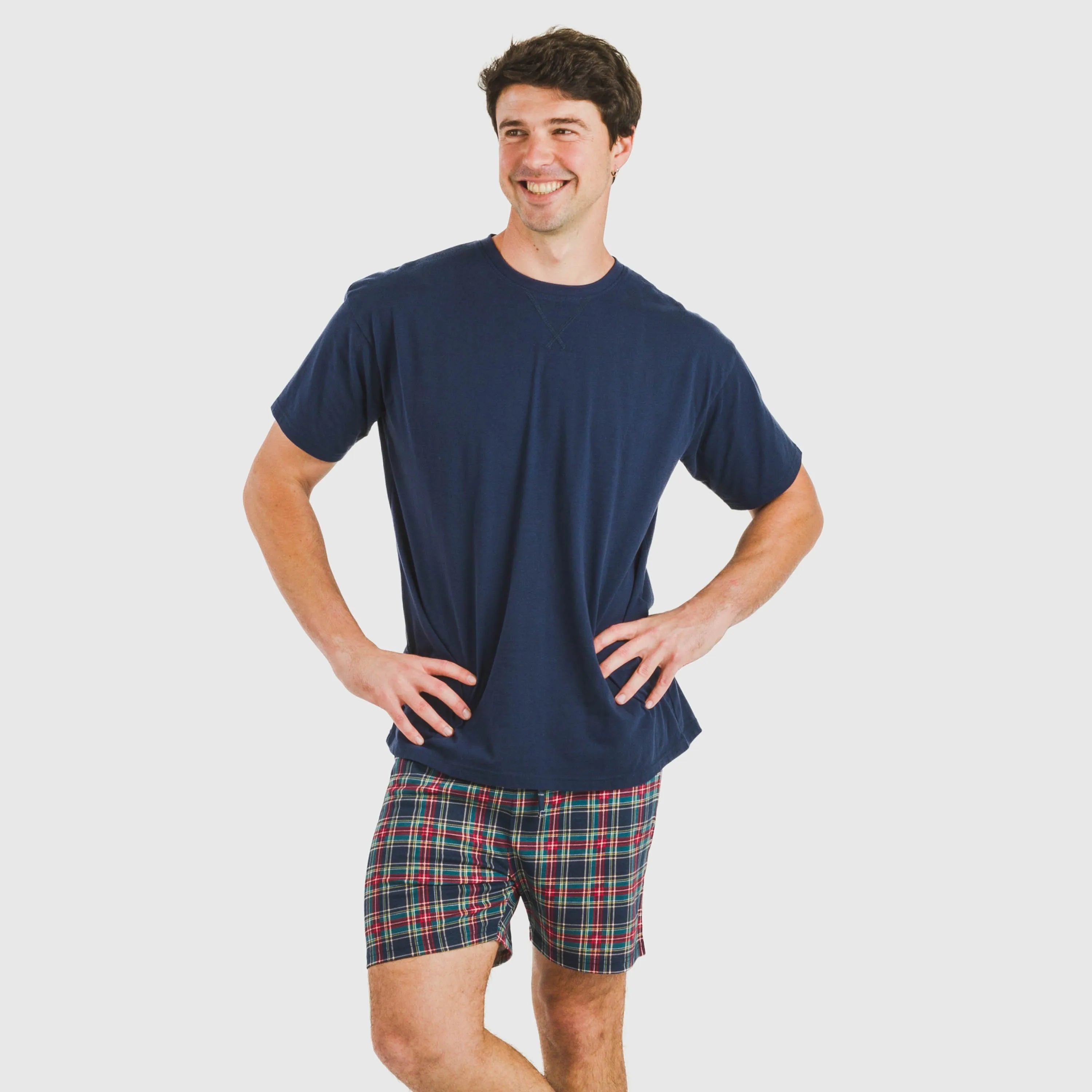 Pijama curto masculino de algodão, xadrez azul Zephyr