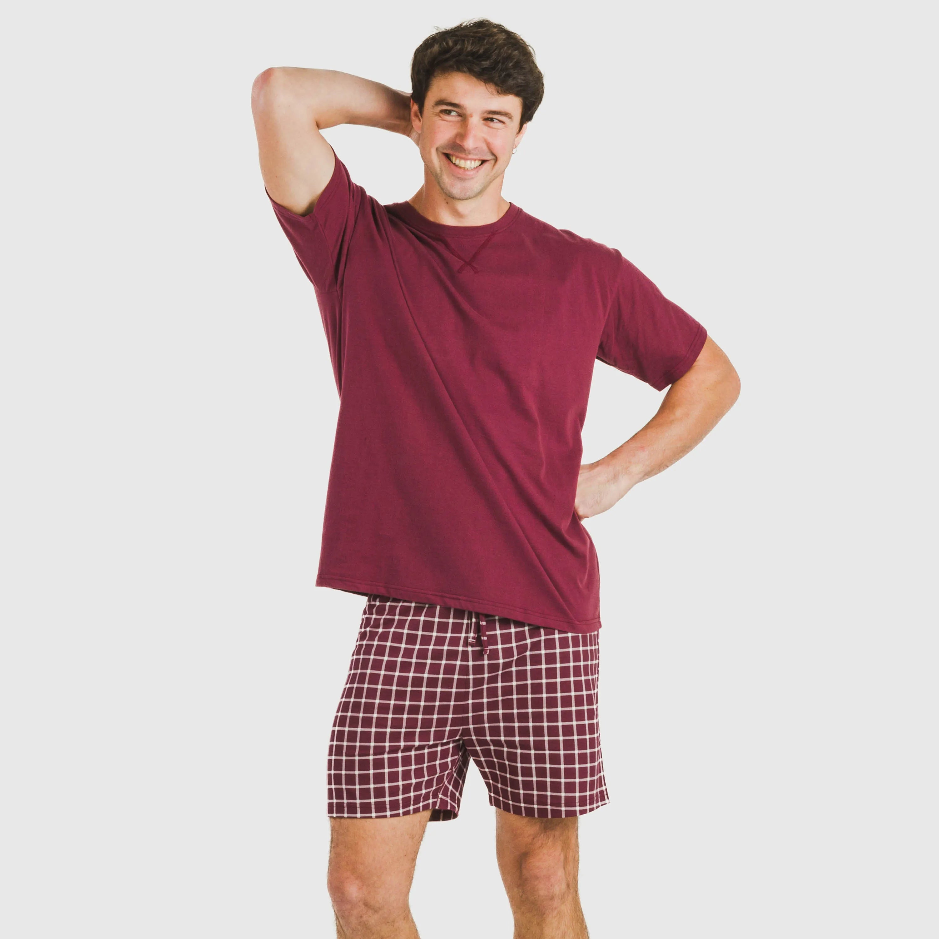 Pijama curto masculino de algodão, xadrez bordô Roberto