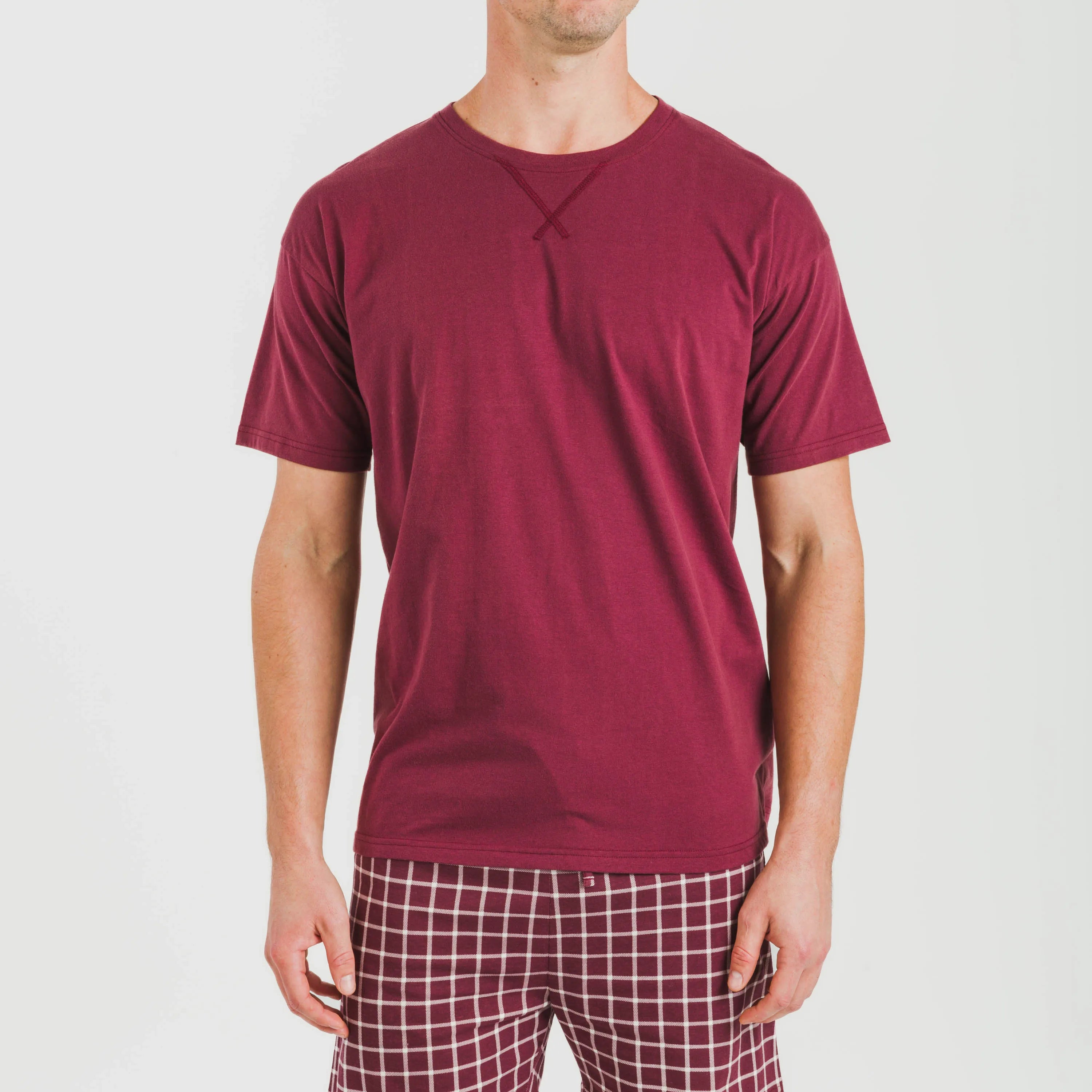 Pijama curto masculino de algodão, xadrez bordô Roberto