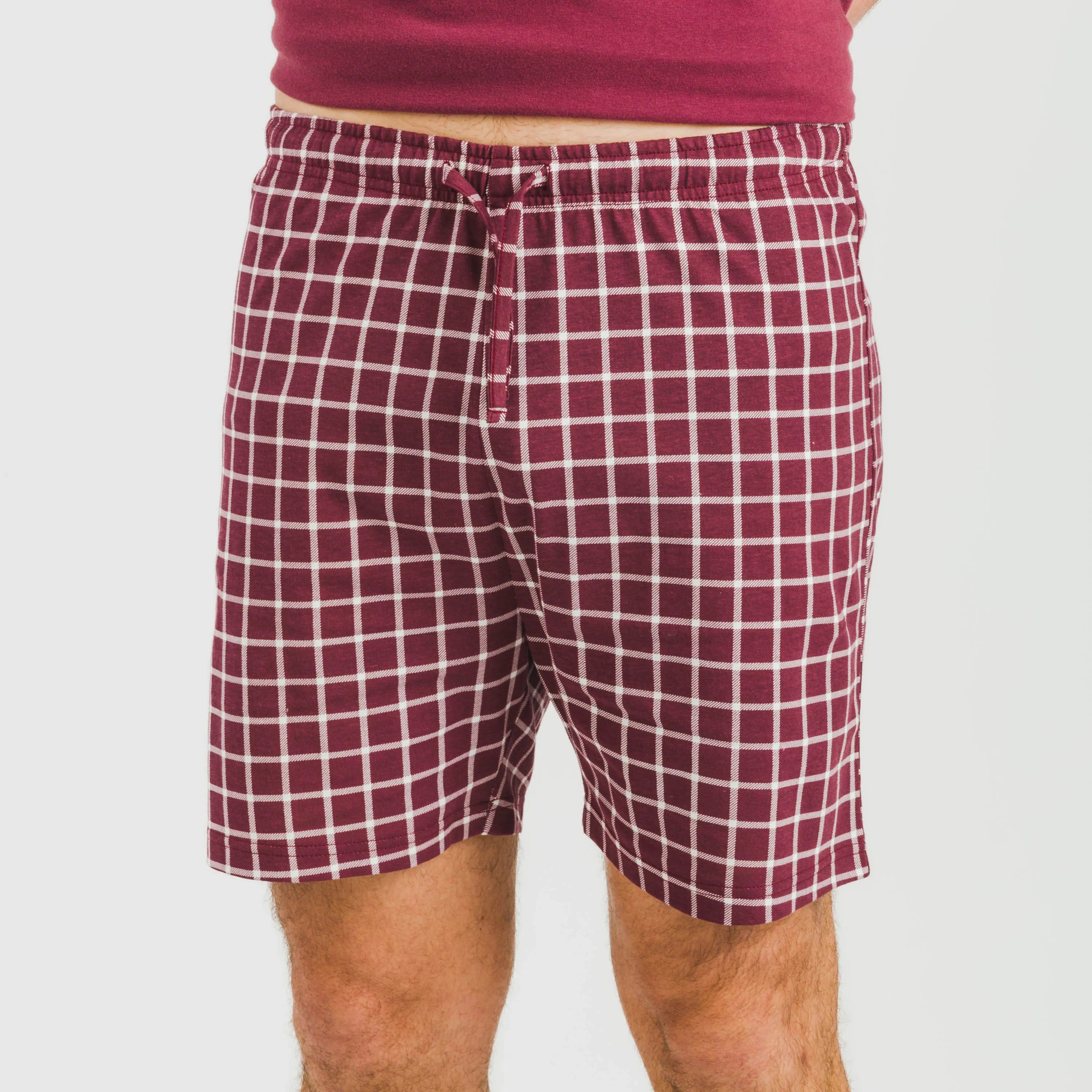 Pijama curto masculino de algodão, xadrez bordô Roberto