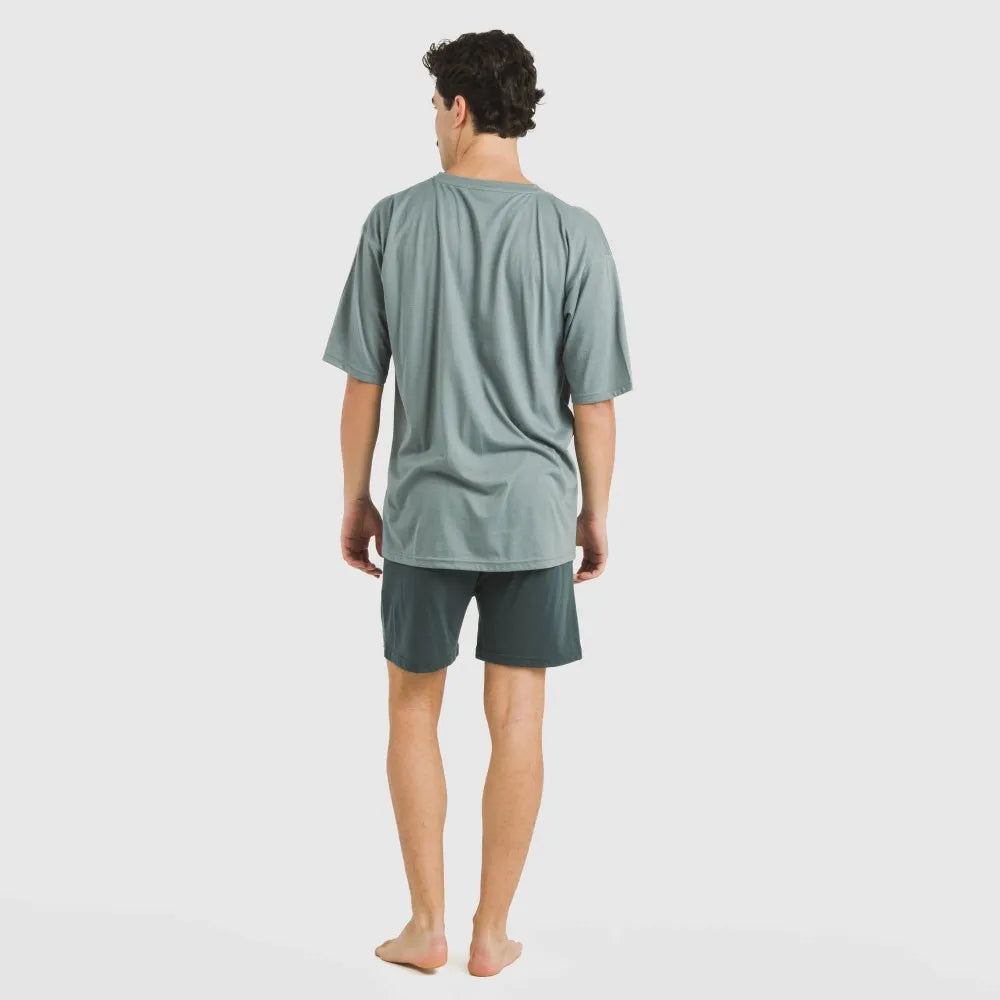 Pijama curto masculino com botões, azul claro - verde escuro