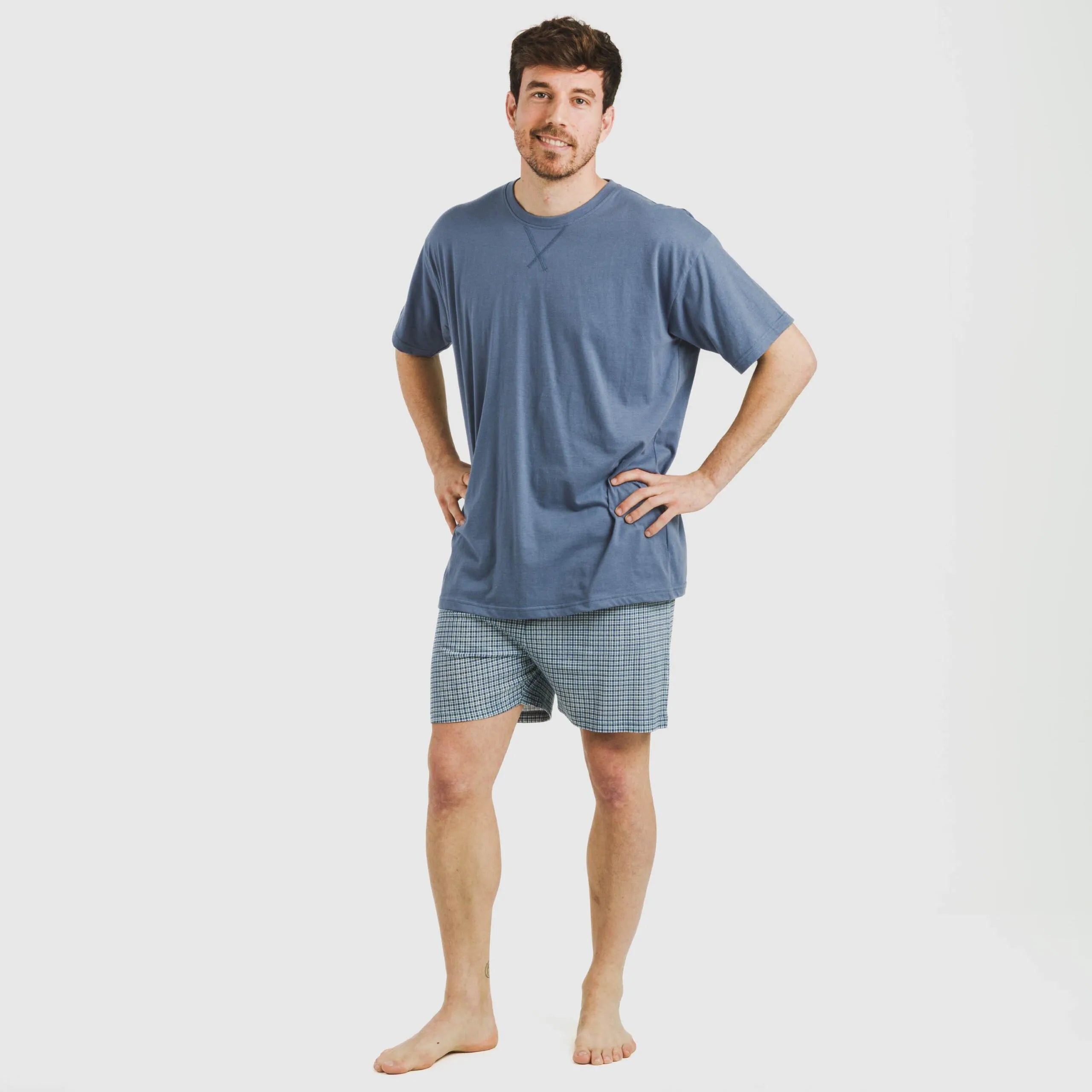 Pijama curto masculino de algodão, xadrez azul Kike