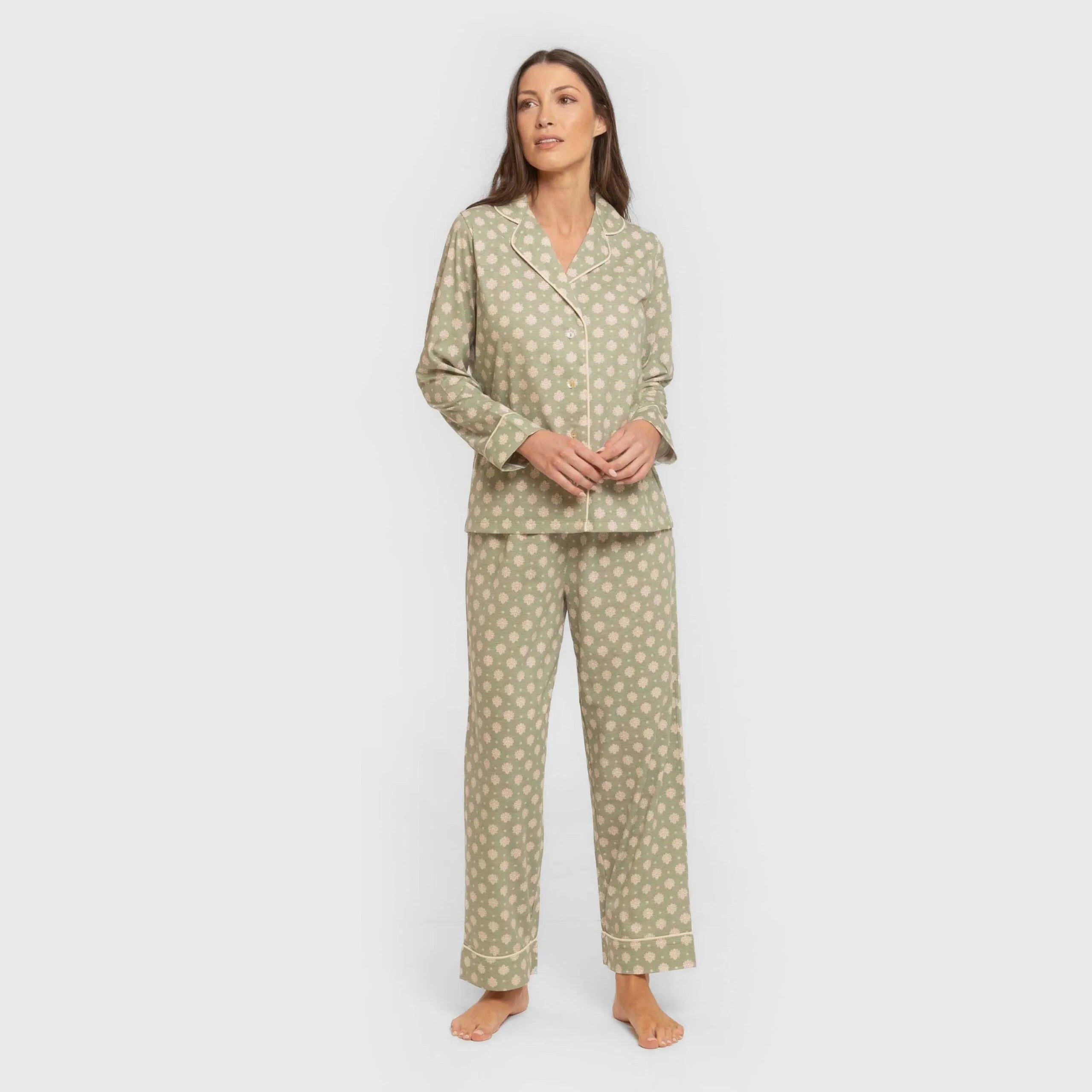 Pijama feminino Erati estilo camisa longa de algodão, verde estilo caça.
