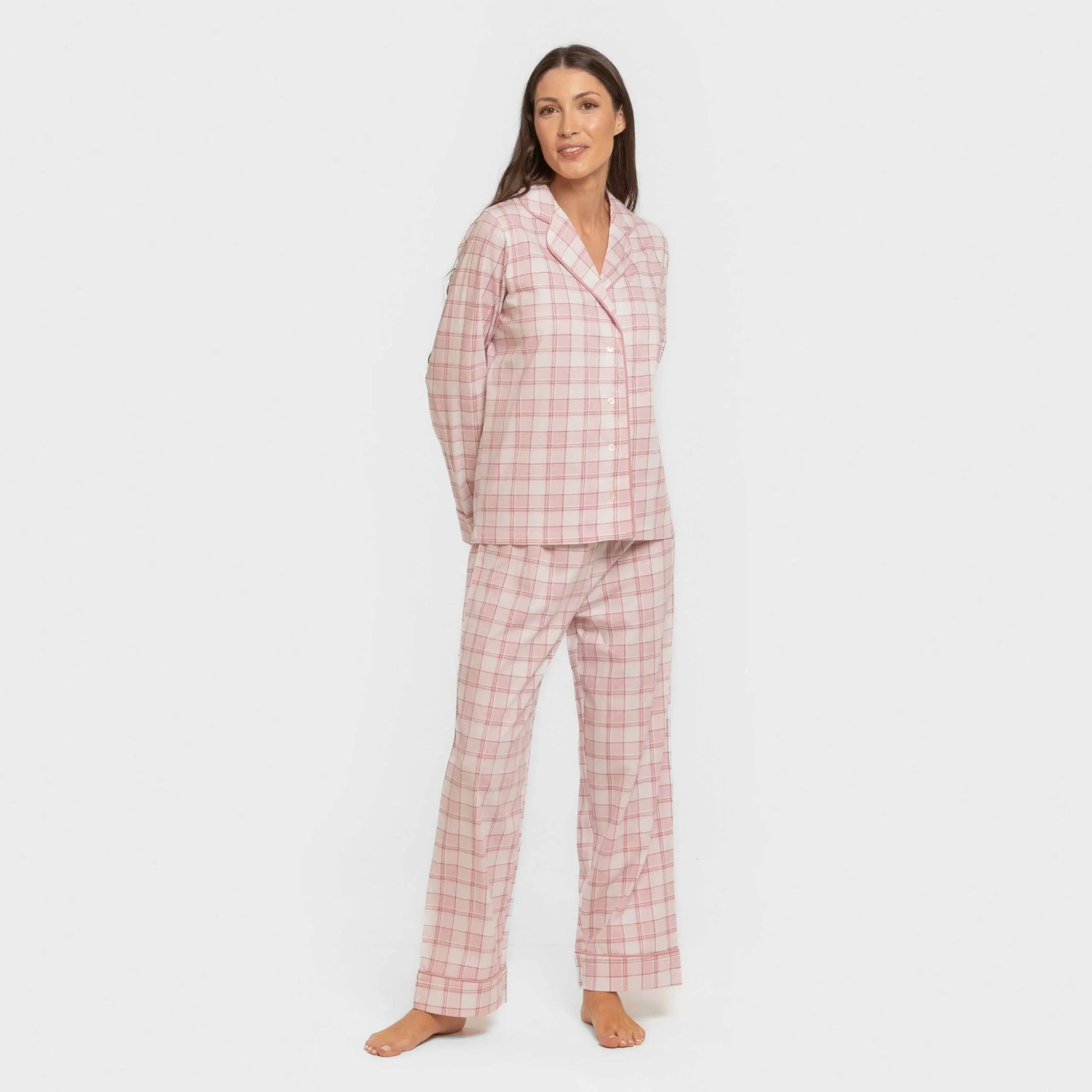 Pijama feminino longo estilo camisa de algodão, estampa xadrez rosa Moni