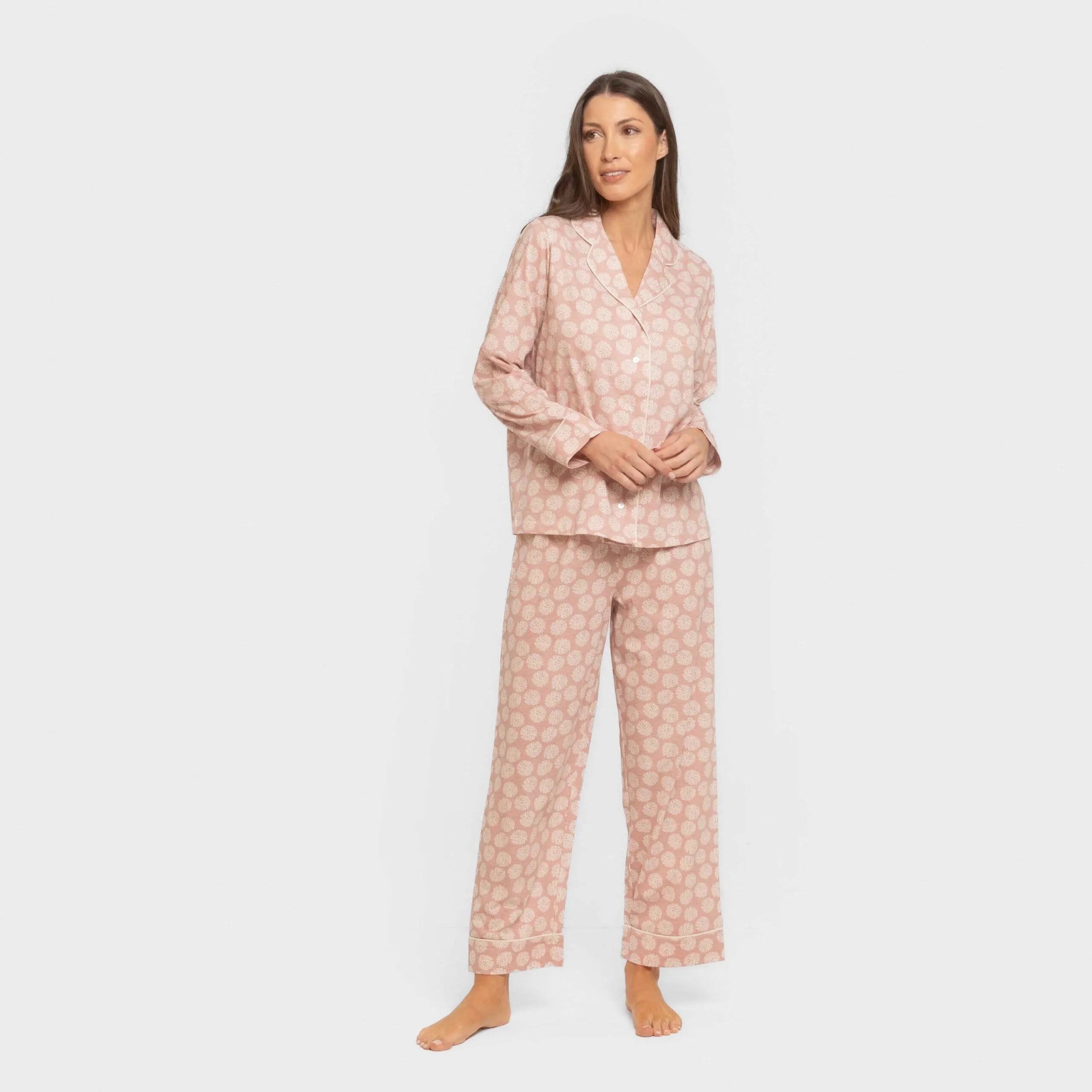 Pijama feminino longo estilo camisa de algodão, rosa Medusa