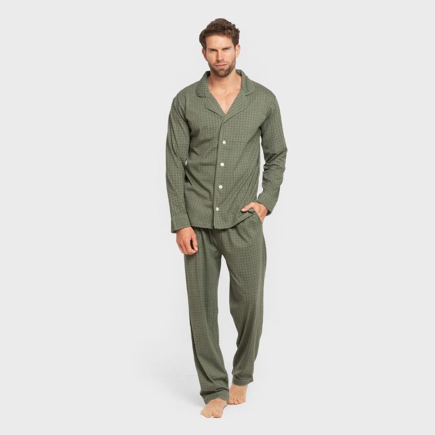 Pijama masculino longo estilo camisa de algodão, cor verde-caça.