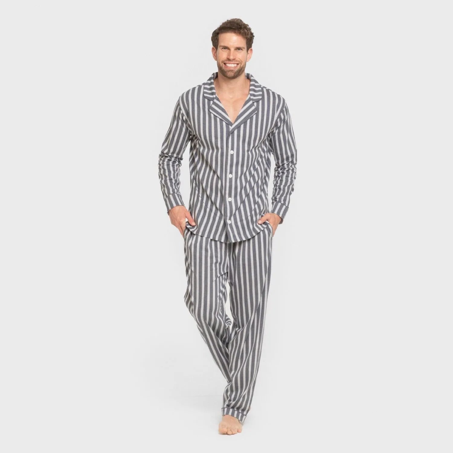 Pijama masculino longo estilo camisa de algodão, listrado Marseille, índigo