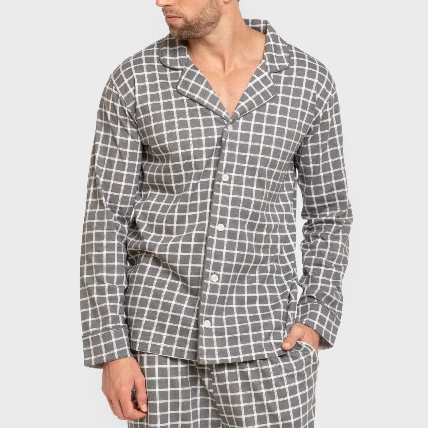 Pijama masculino longo estilo camisa de algodão, xadrez Roberto, cinza