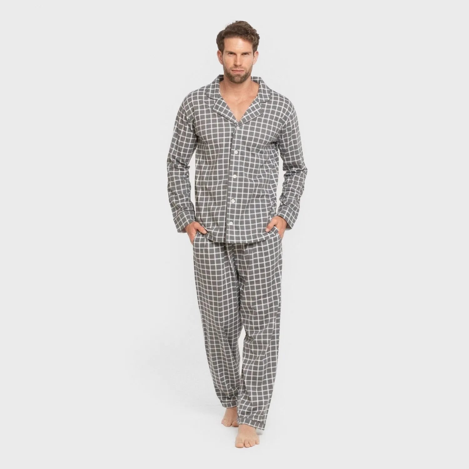 Pijama masculino longo estilo camisa de algodão, xadrez Roberto, cinza