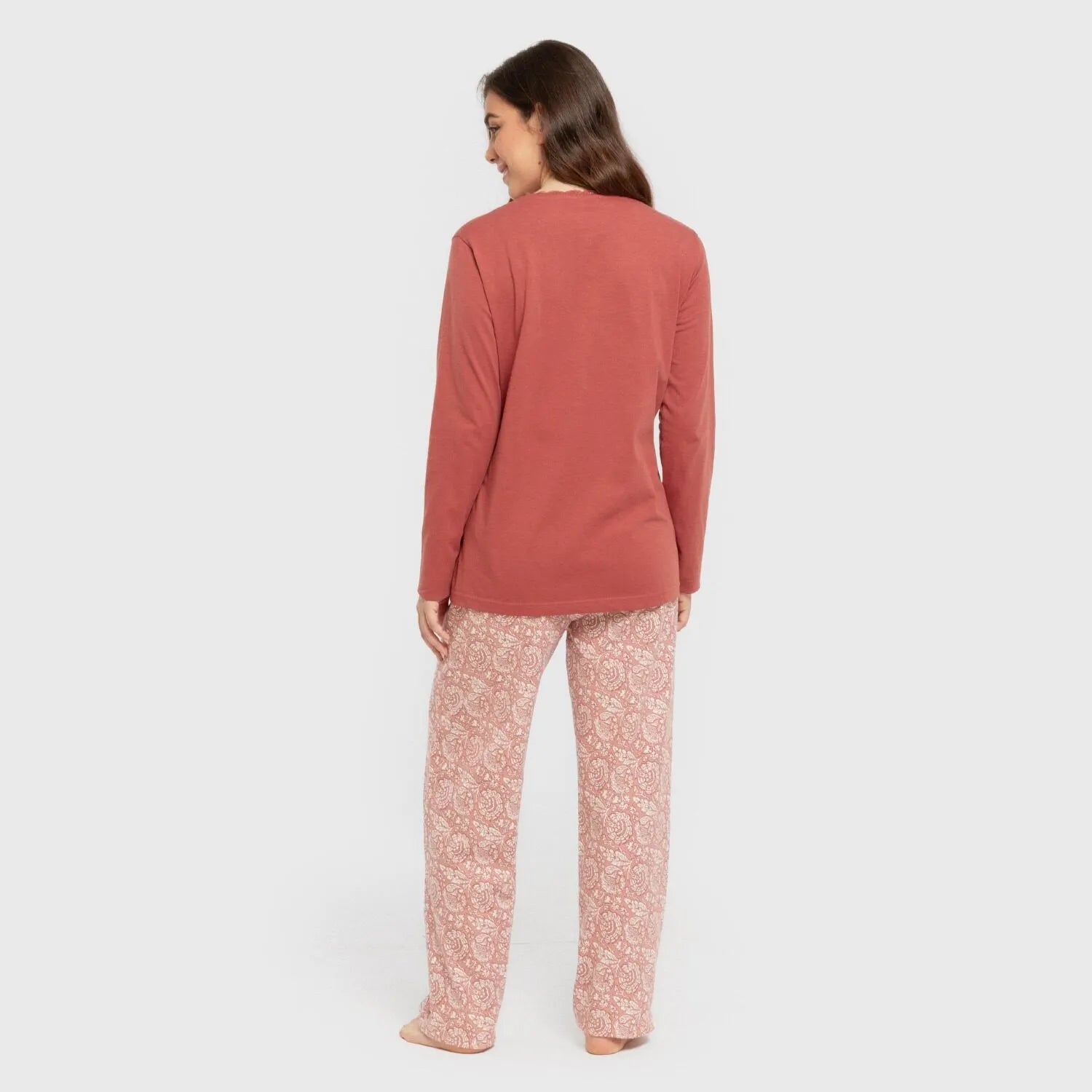 pijama comprido de algodão rosa framboesa