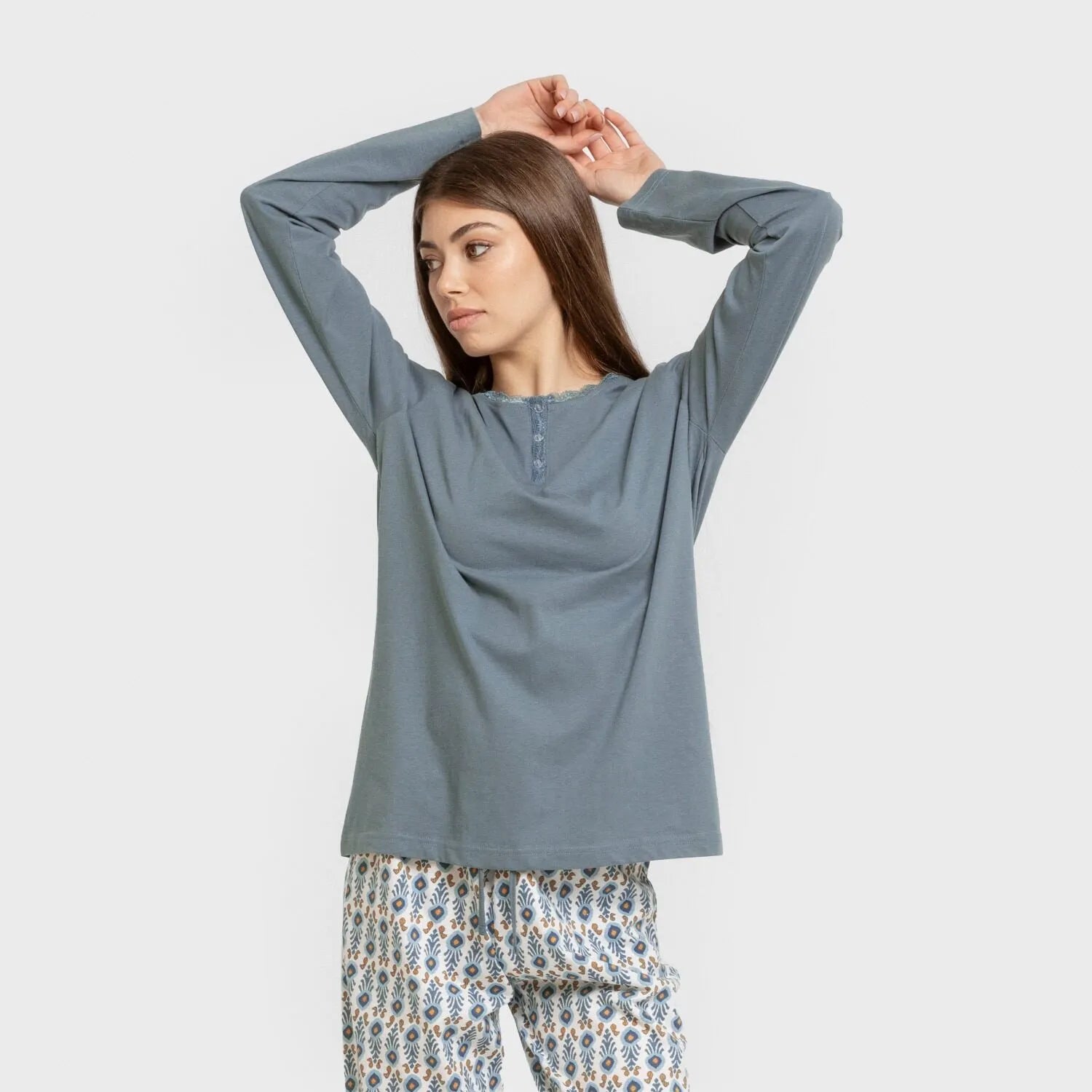 Pijama comprido de algodão cor hibisco azul-turquesa