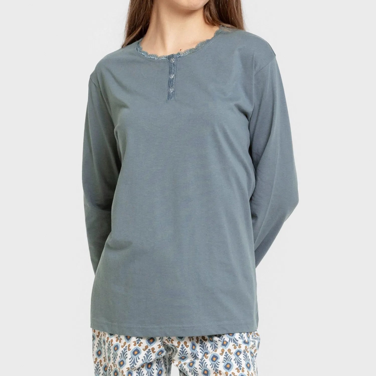 Pijama comprido de algodão cor hibisco azul-turquesa