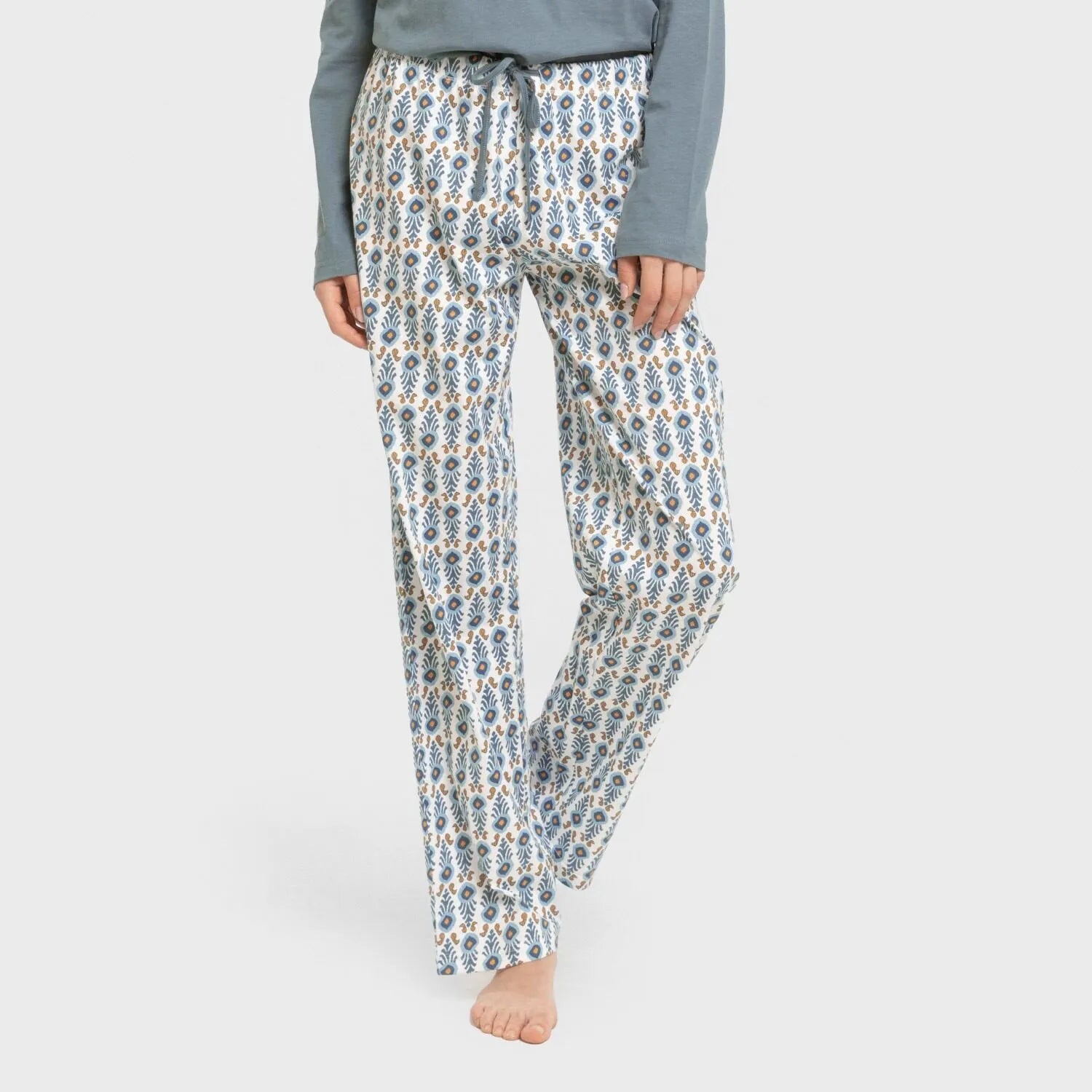 Pijama comprido de algodão cor hibisco azul-turquesa