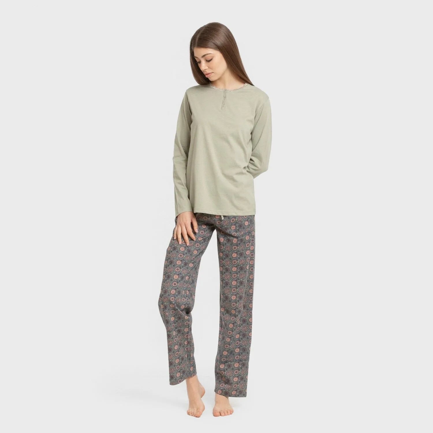 Pijama comprido Gabi de algodão verde claro