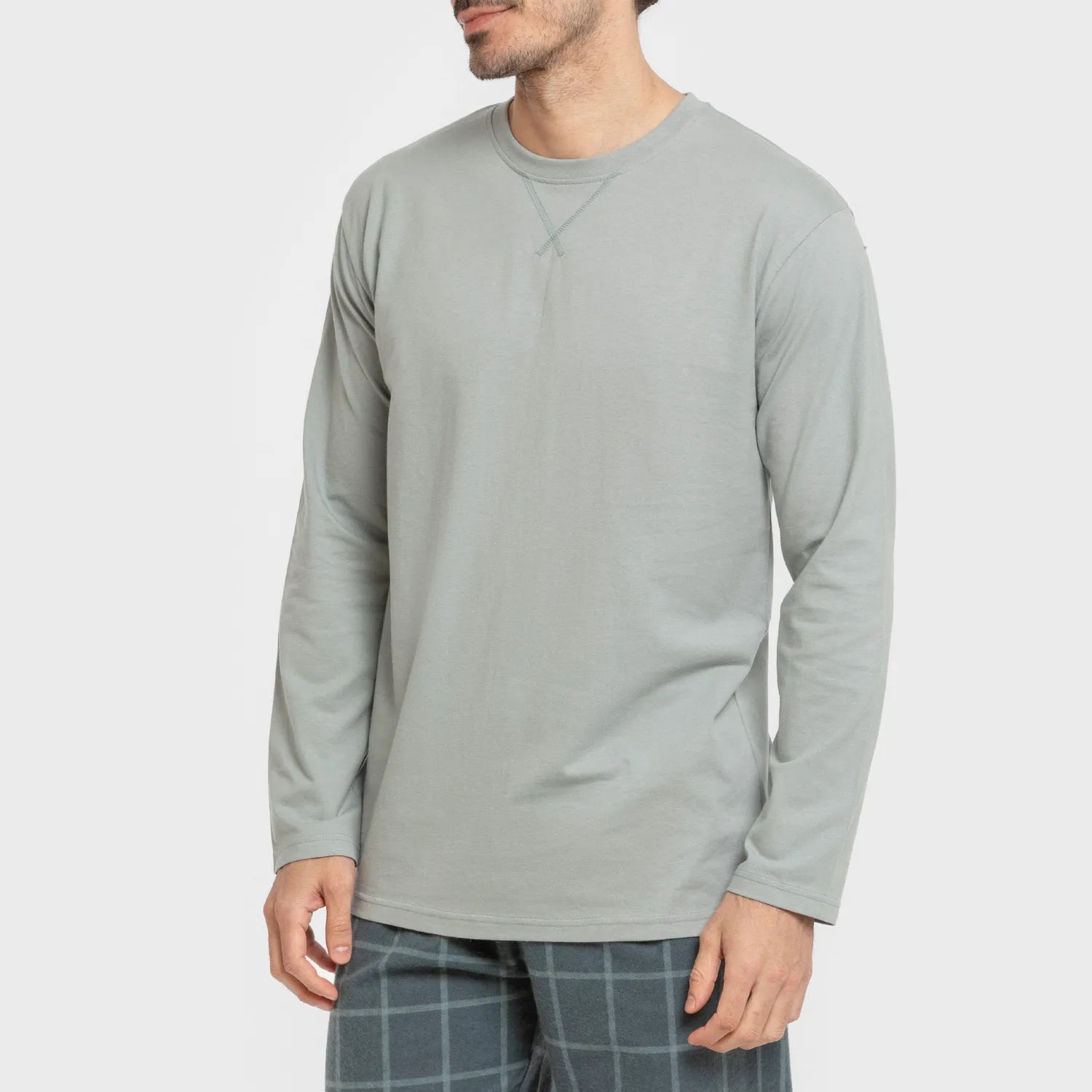 Pijama masculino de flanela, estampa xadrez andina, verde claro e azul.