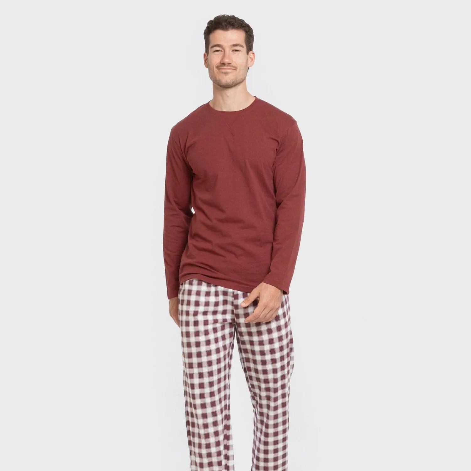 Pijama comprido masculino de algodão, modelo Gustavo xadrez bordô