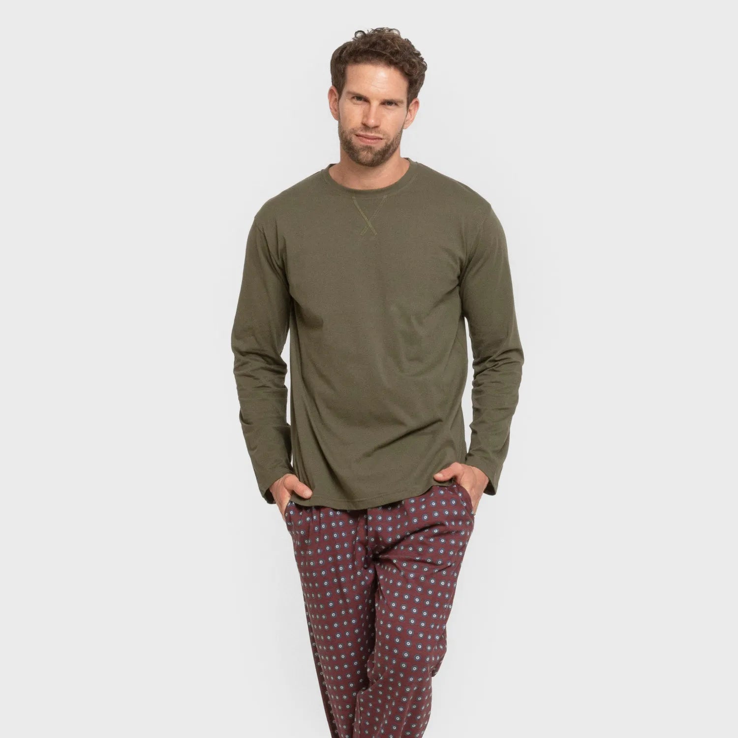 Pijama longo de algodão verde gladíolo para caça masculina