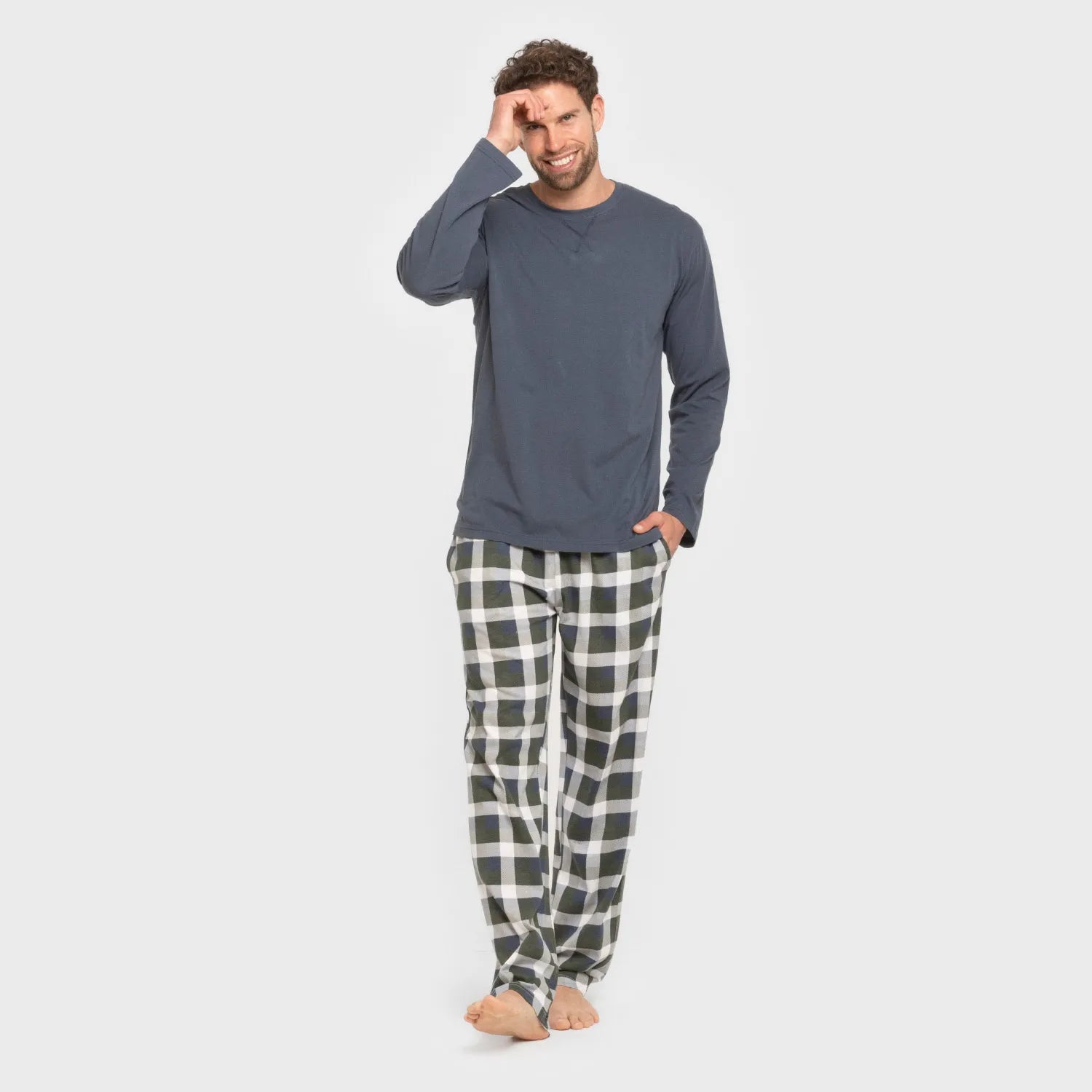Pijama masculino comprido de algodão, xadrez Ferni, azul marinho