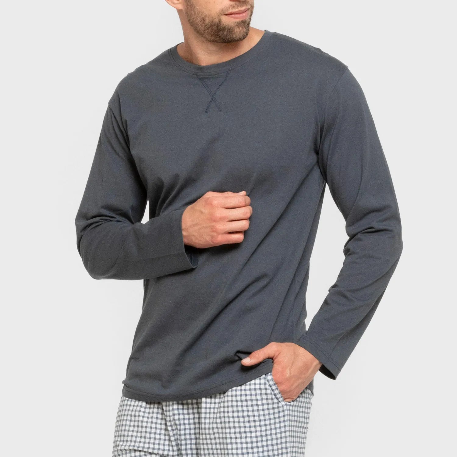 Pijama comprido masculino de algodão, xadrez azul Edmund