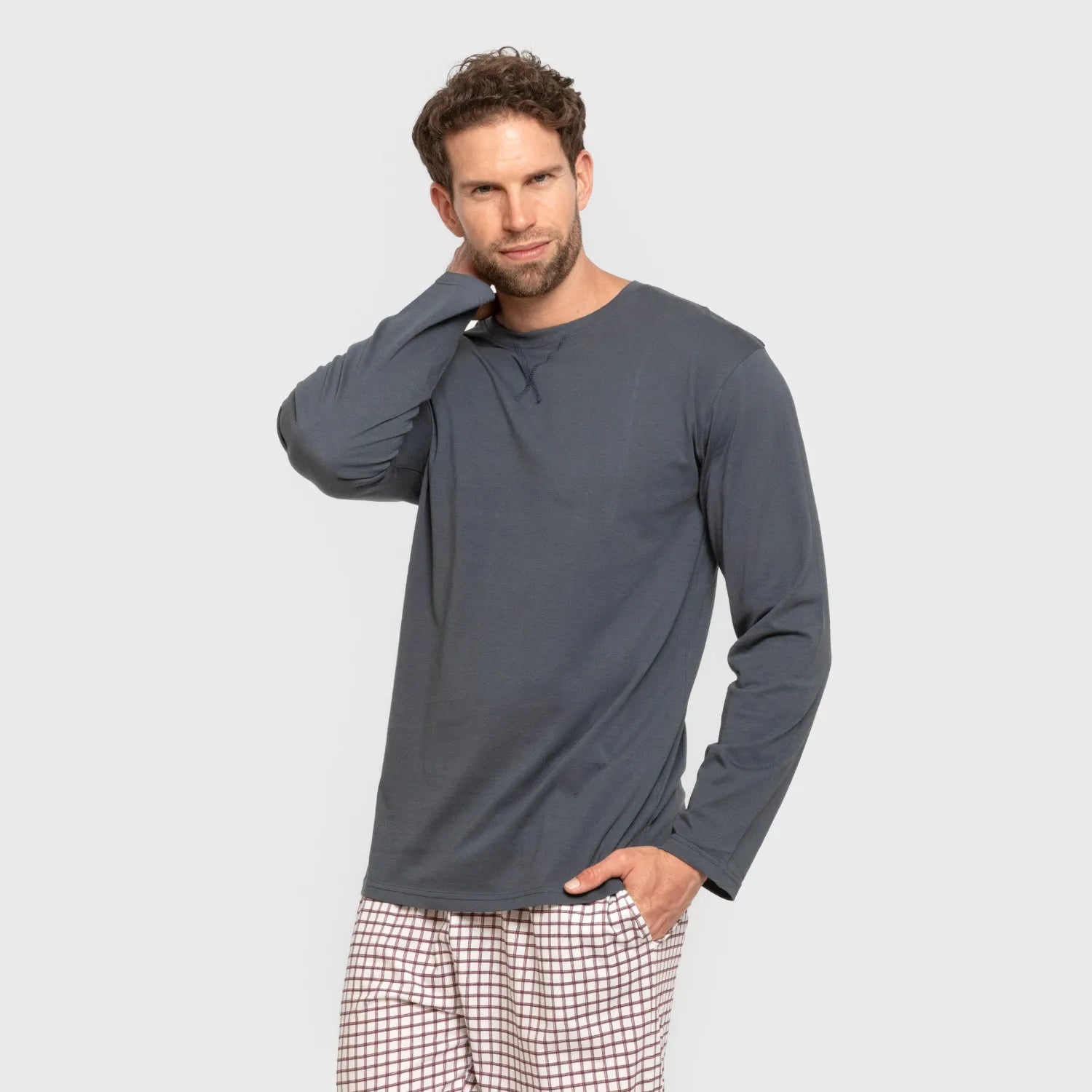 Pijama comprido masculino de algodão, xadrez azul Michael