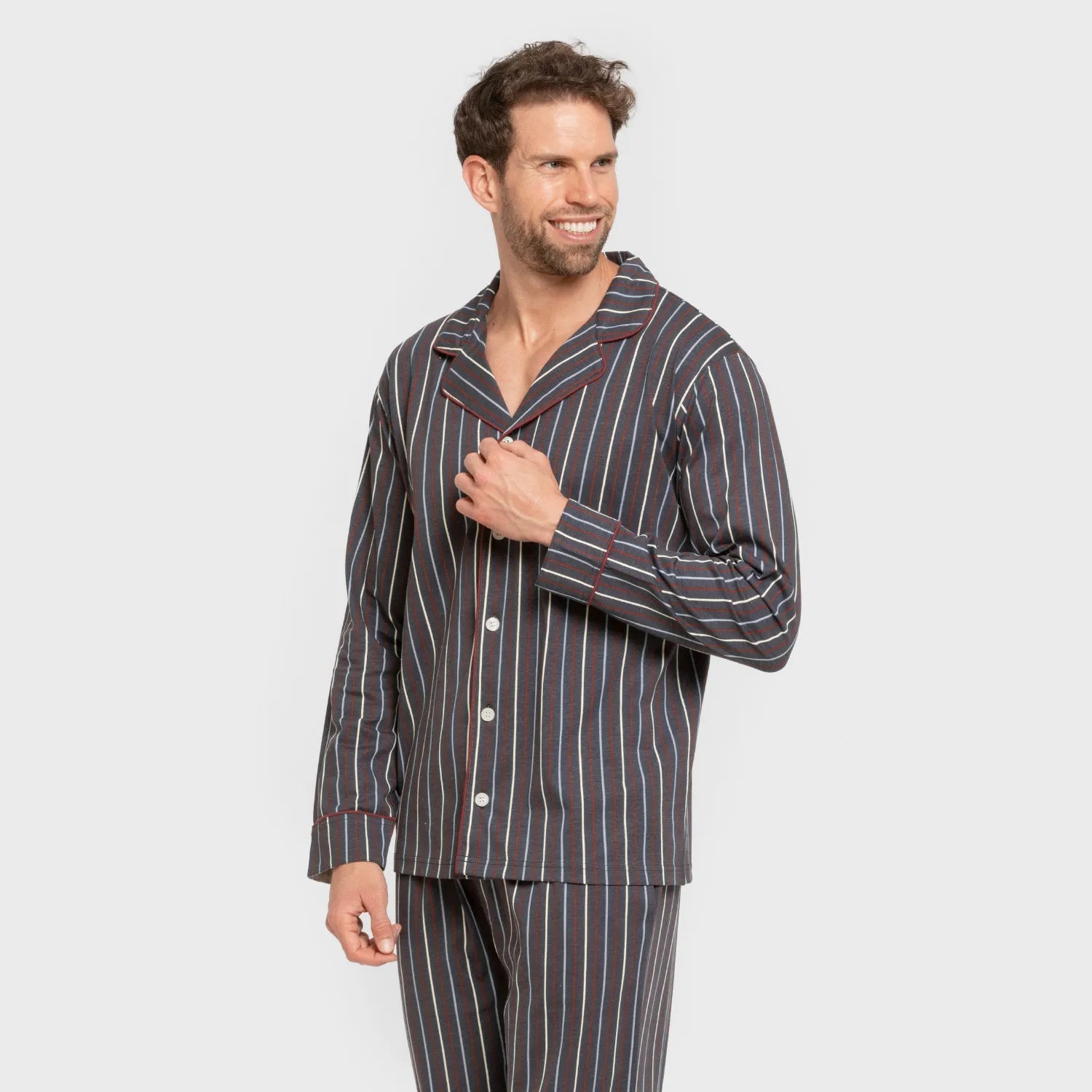 Pijama masculino longo estilo camisa de algodão, listrado em azul San Luis.