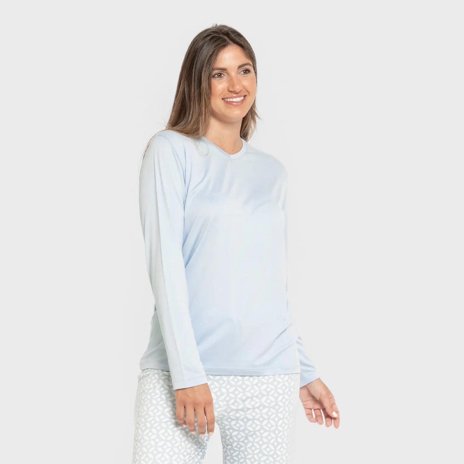 Pijama comprido feminino Clau, macio, azul claro