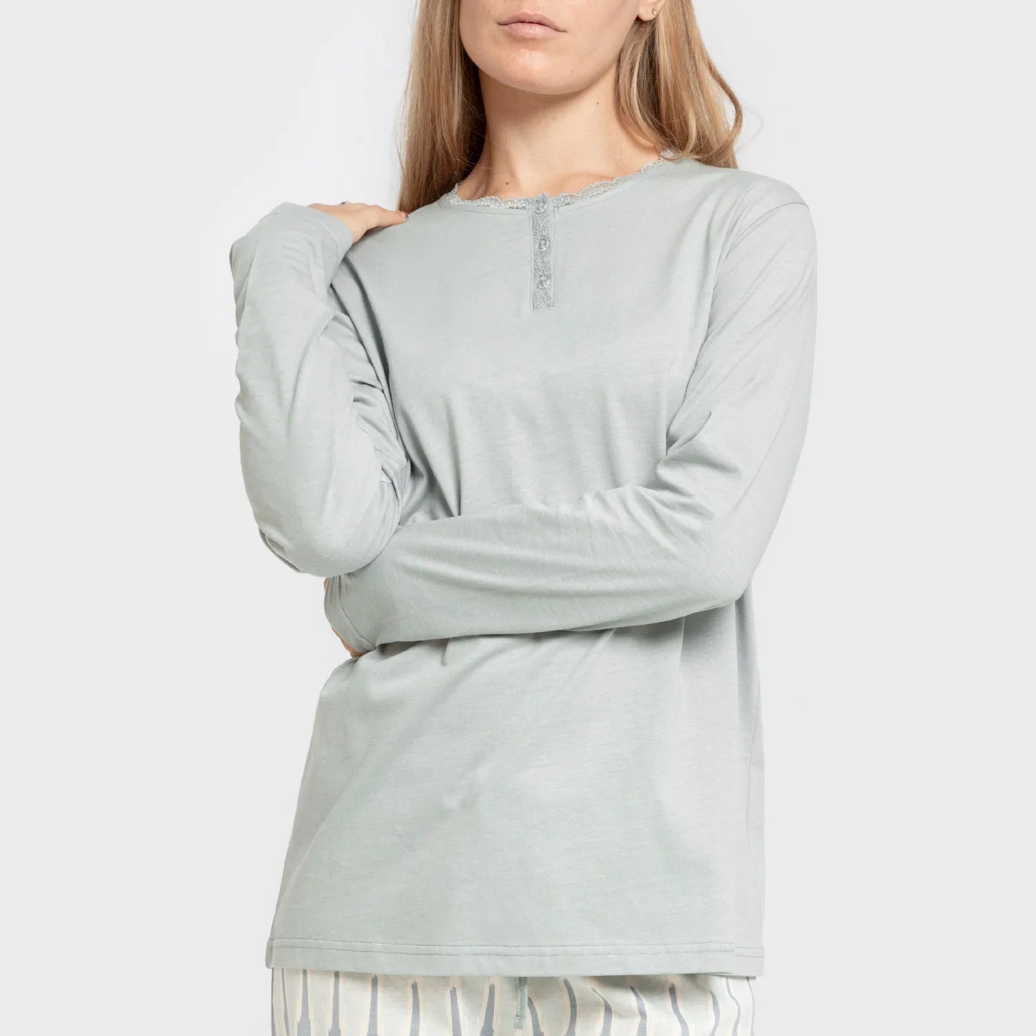 Pijama longo de algodão Lalita, azul-turquesa