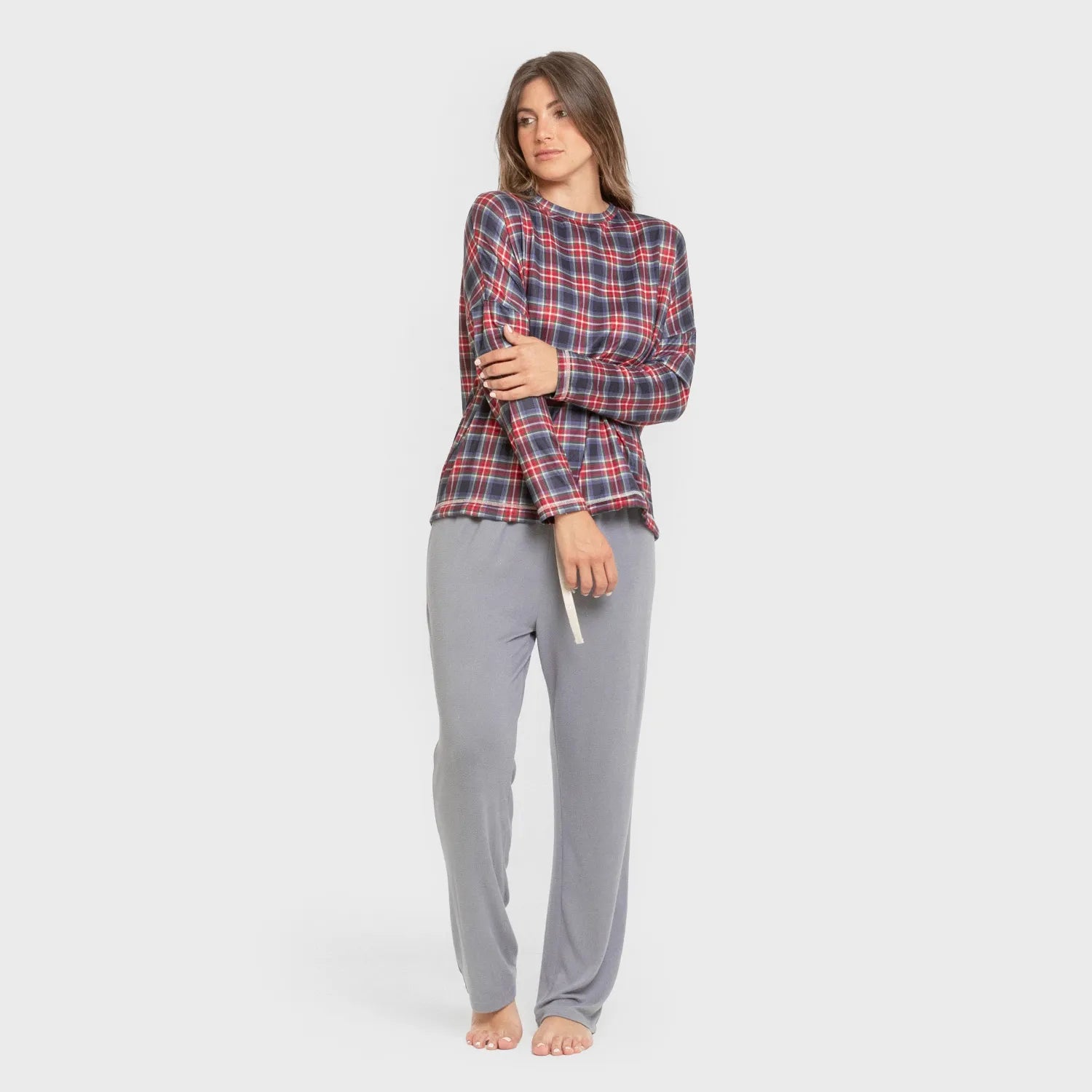 Pijama comprido feminino Secret, estampa xadrez índigo Tuc