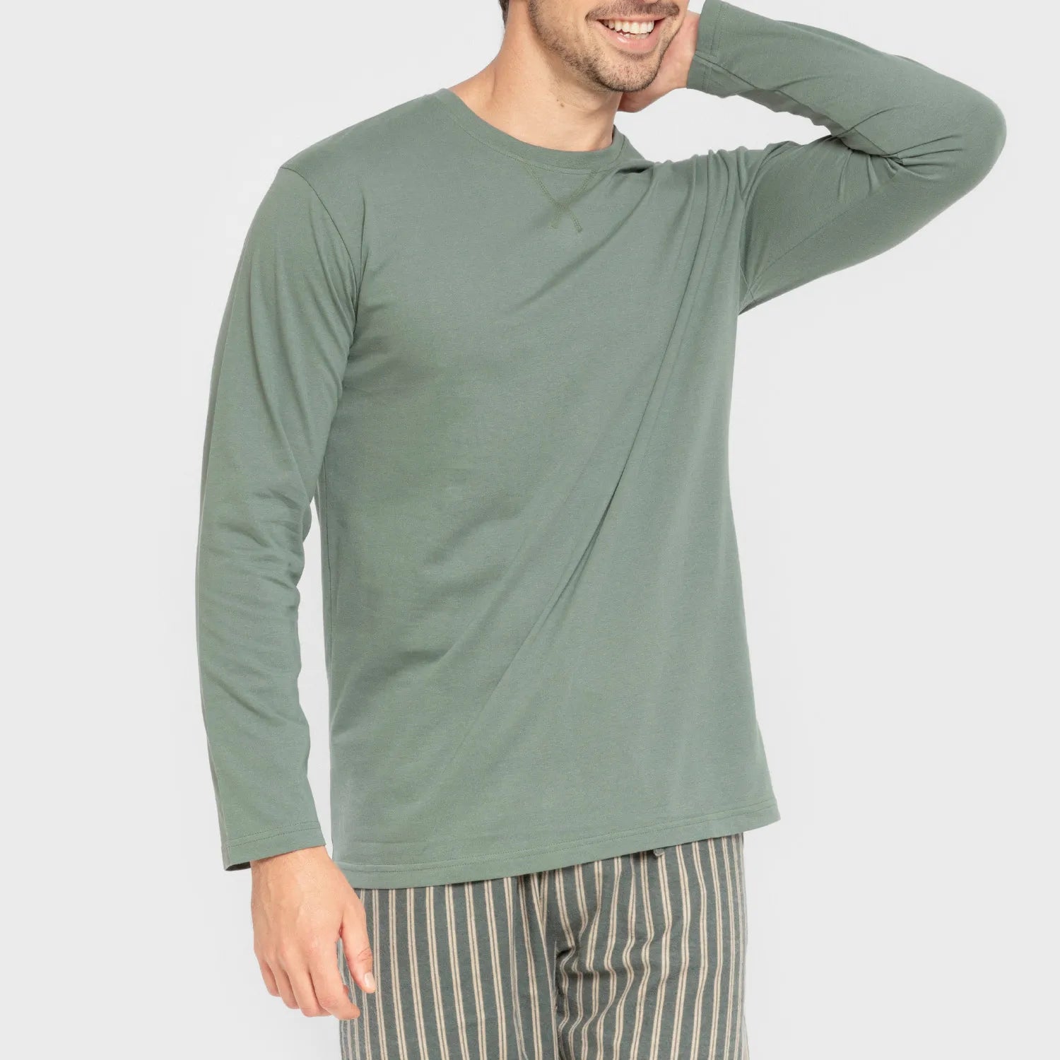 Pijama masculino de flanela, listrado Marseille, verde-areia