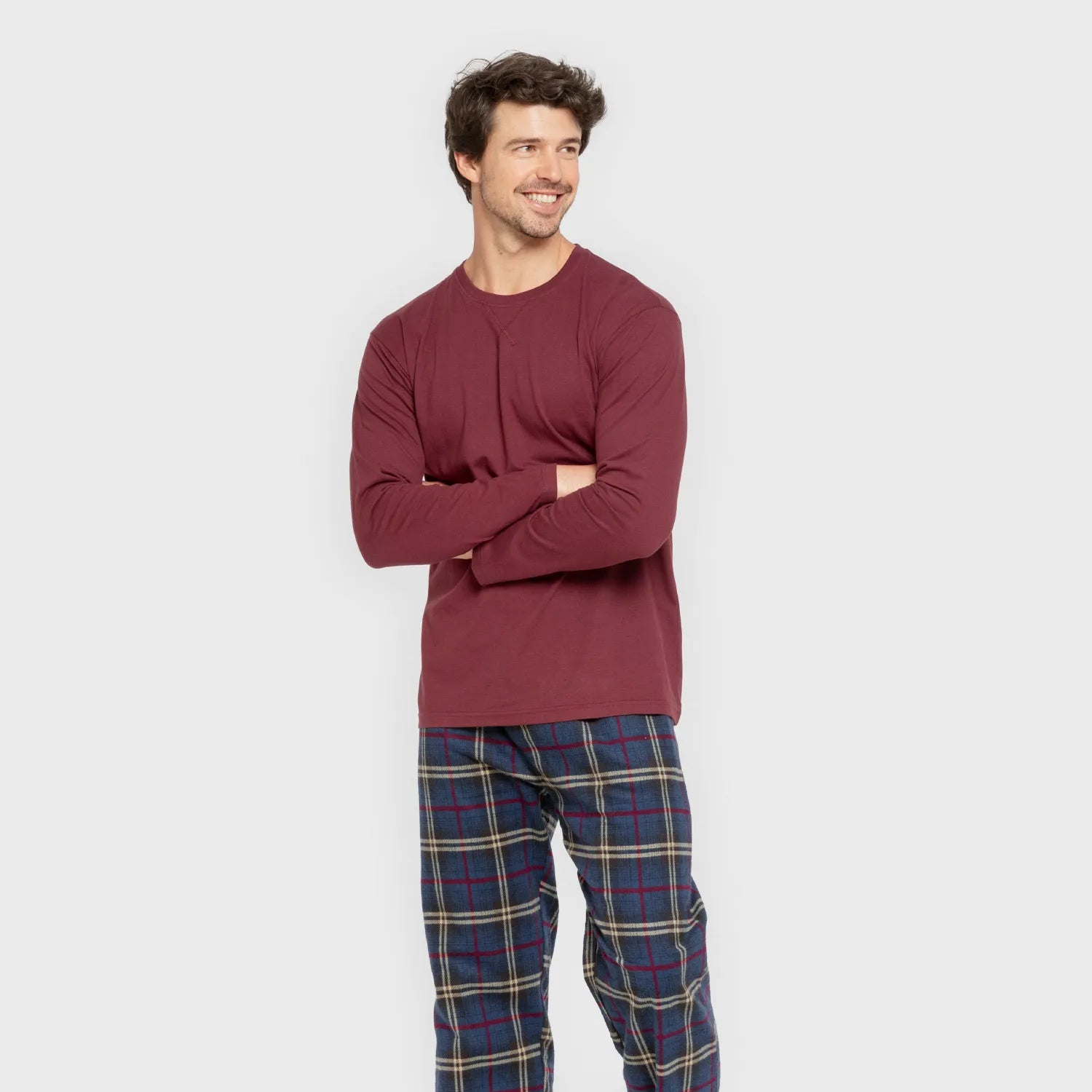 Pijama masculino de flanela, xadrez bordô Tejada