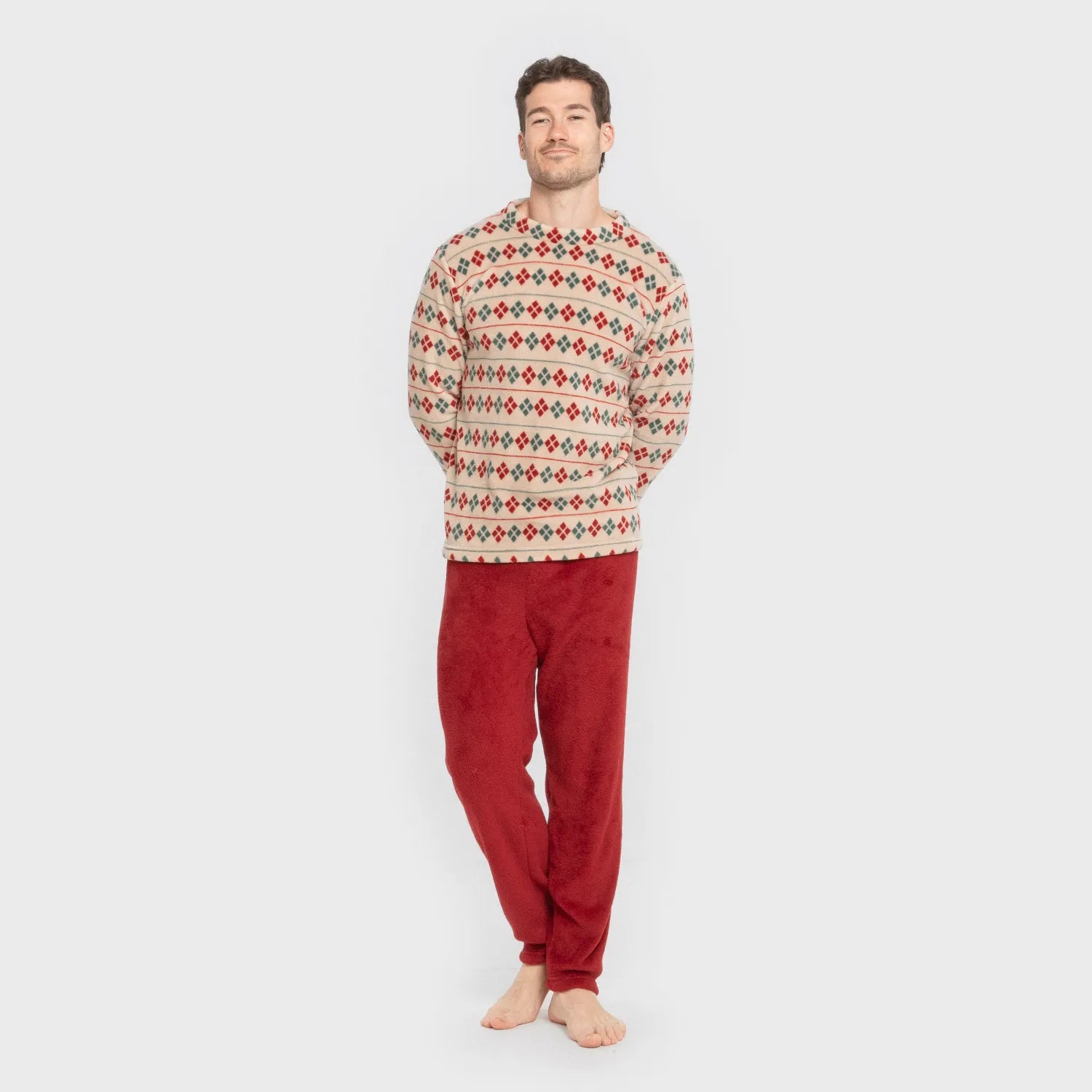 Pijama masculino Casimira em fleece coral na cor bordô.